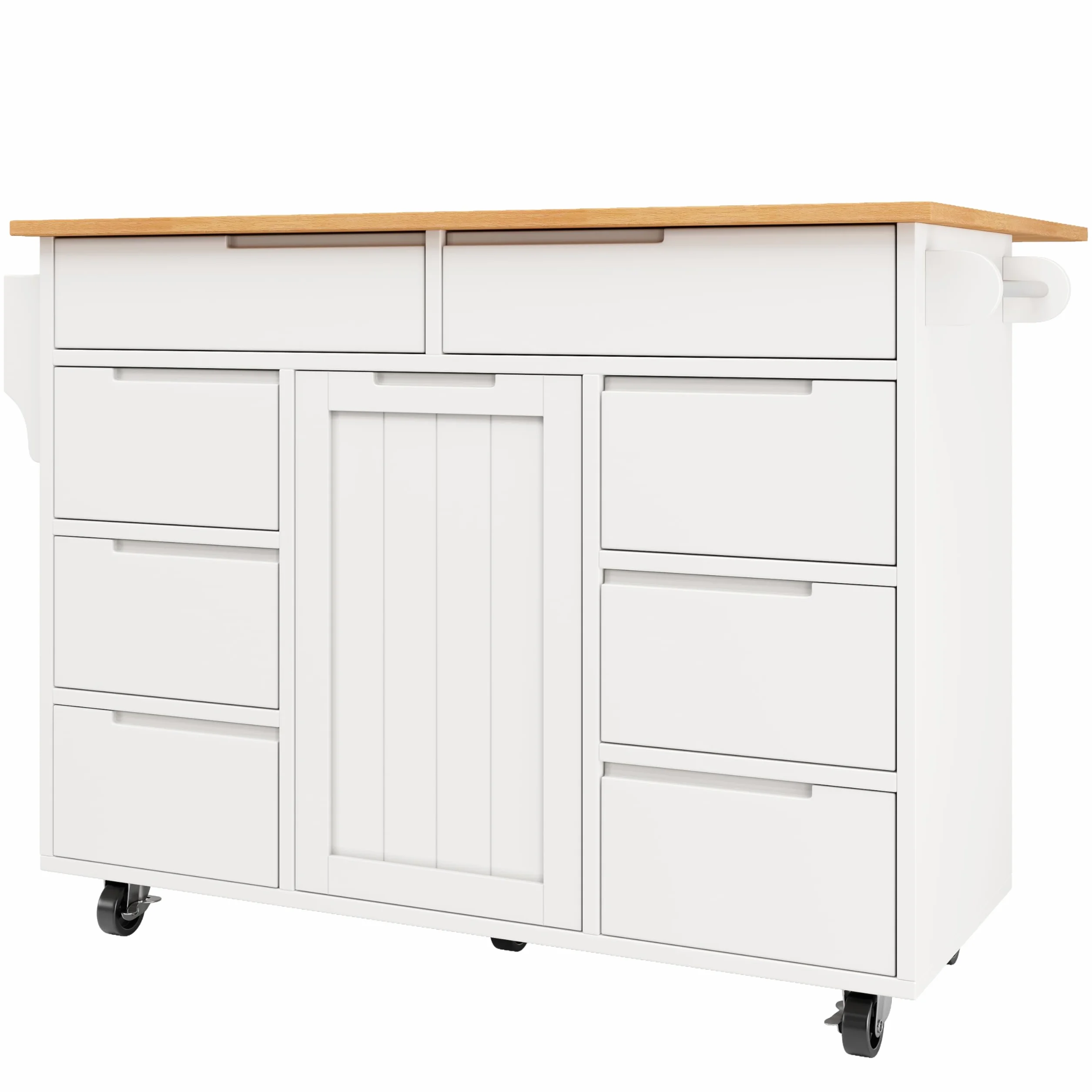 KAZZIO Isla de cocina moderna, armario de cocina, carrito de cocina extensible con ruedas y encimera, carrito de servir con estante para especias y 8 cajones (blanco)