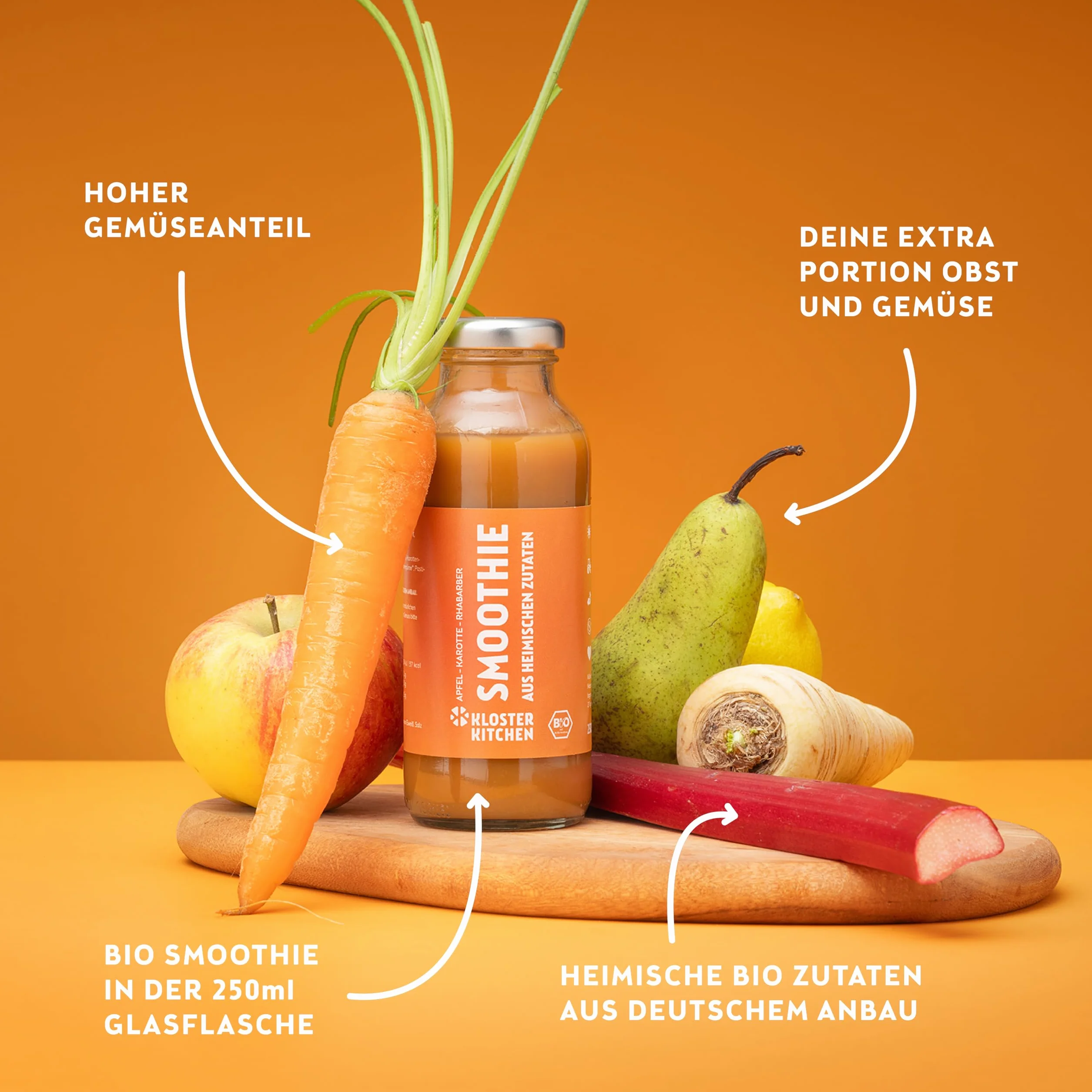 Kloster Kitchen Bio Smoothie Mix 6x250 ml Set Rojo Naranja Verde Vegano Desayuno Superalimentos Botella Vidrio