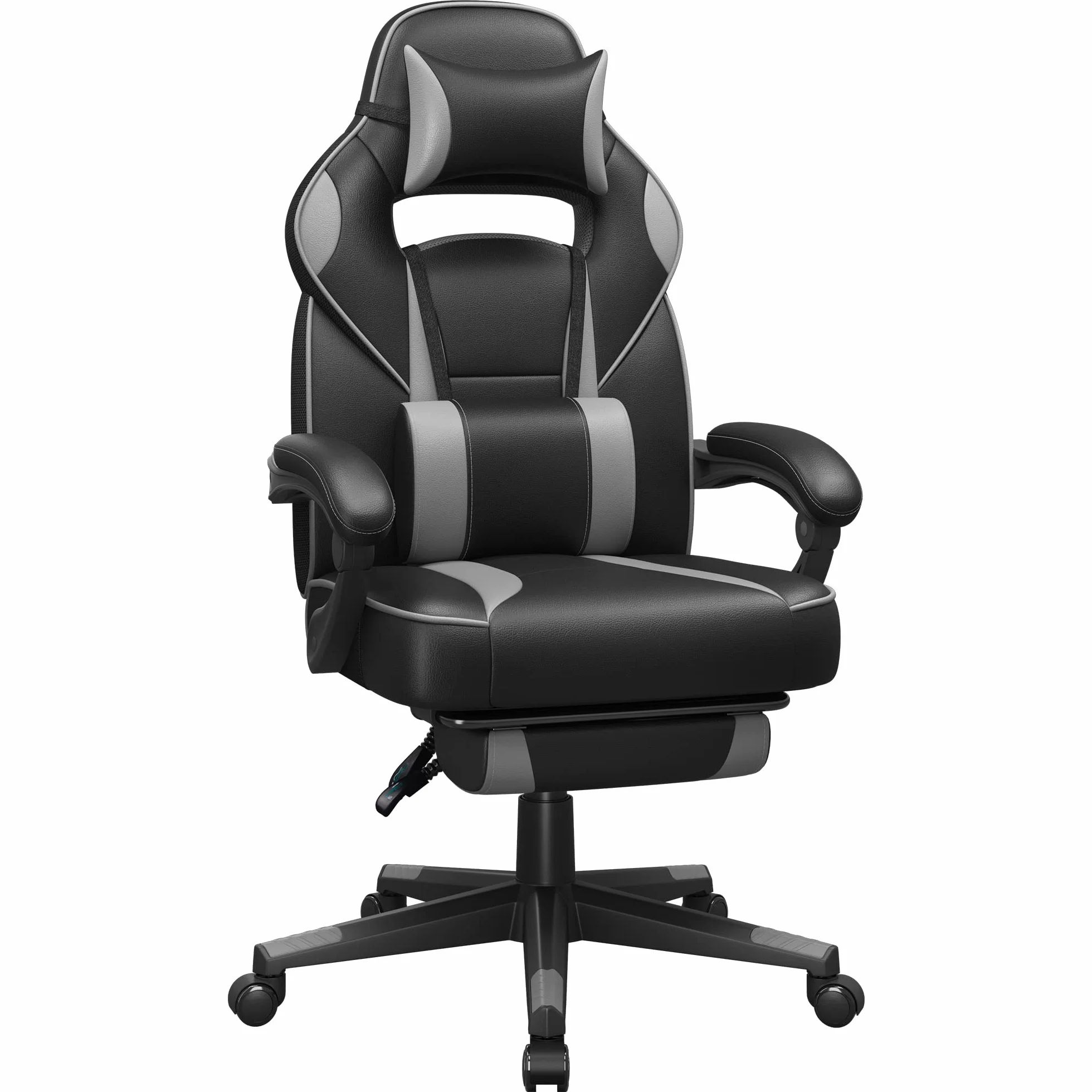 SONGMICS Silla de Oficina, Silla Gaming Ergonómica, con Reposapiés Telescópico, Respaldo Ajustable, Reposacabezas y Soporte Lumbar, Carga de 150 kg, Negro Tinta y Gris Paloma OBG073B03