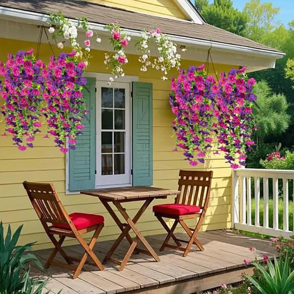 2/4 Pack Artificial Flowers for Outdoors, Artificial Hanging Flowers for Outdoors, Hanging Artificial Flowers for Outdoors, UV Resistant Hanging Artificial Morning Glory Vine (White,4Pcs)