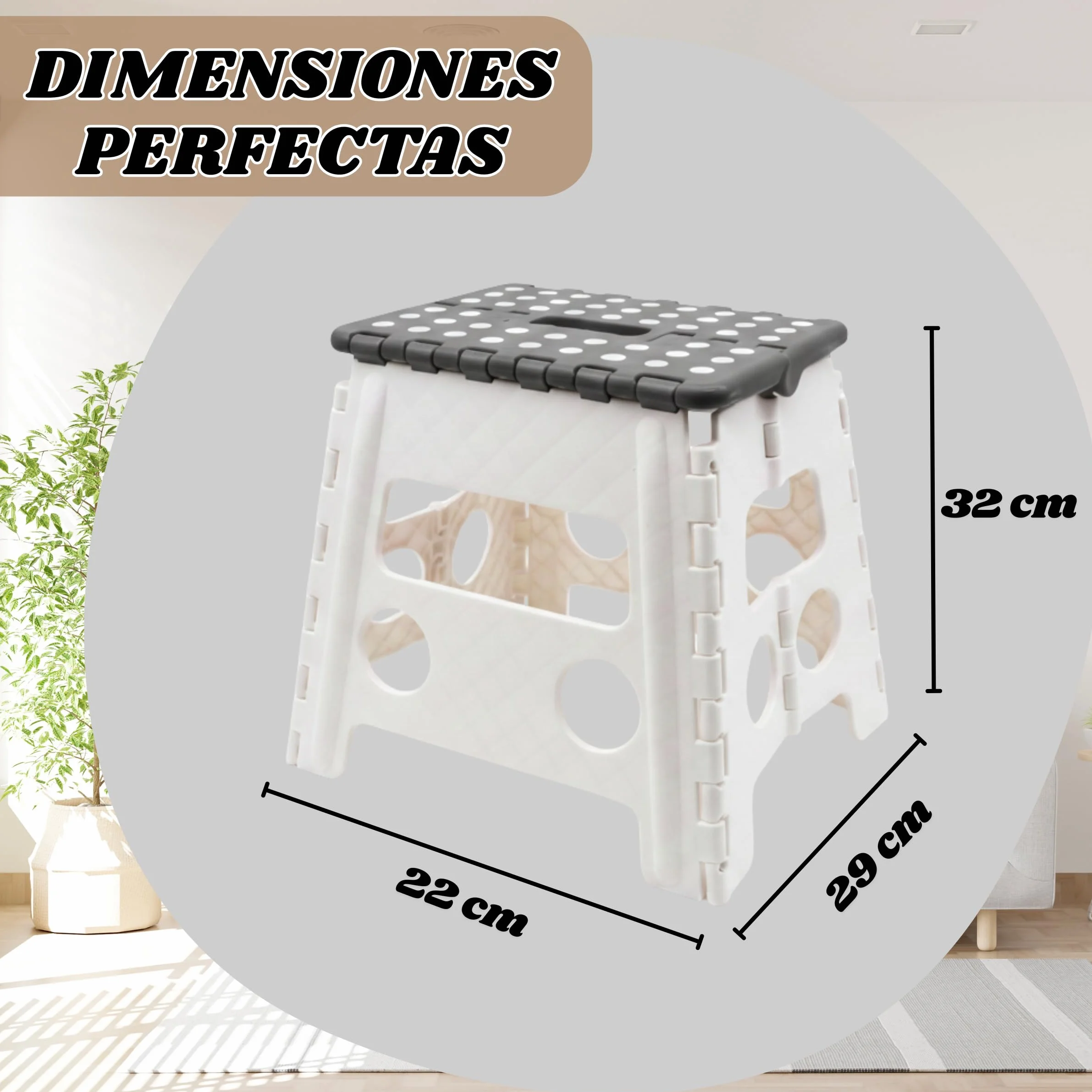 Taburete Plegable Multiusos Portátil | Plástico Ultrarresistente | Soporta 120 kg, Blanco/Gris, Blanco/Rojo, Blanco/Azul, Negro/Gris (Blanco-con-Tapa-Gris, 32cm-29cm-22cm)