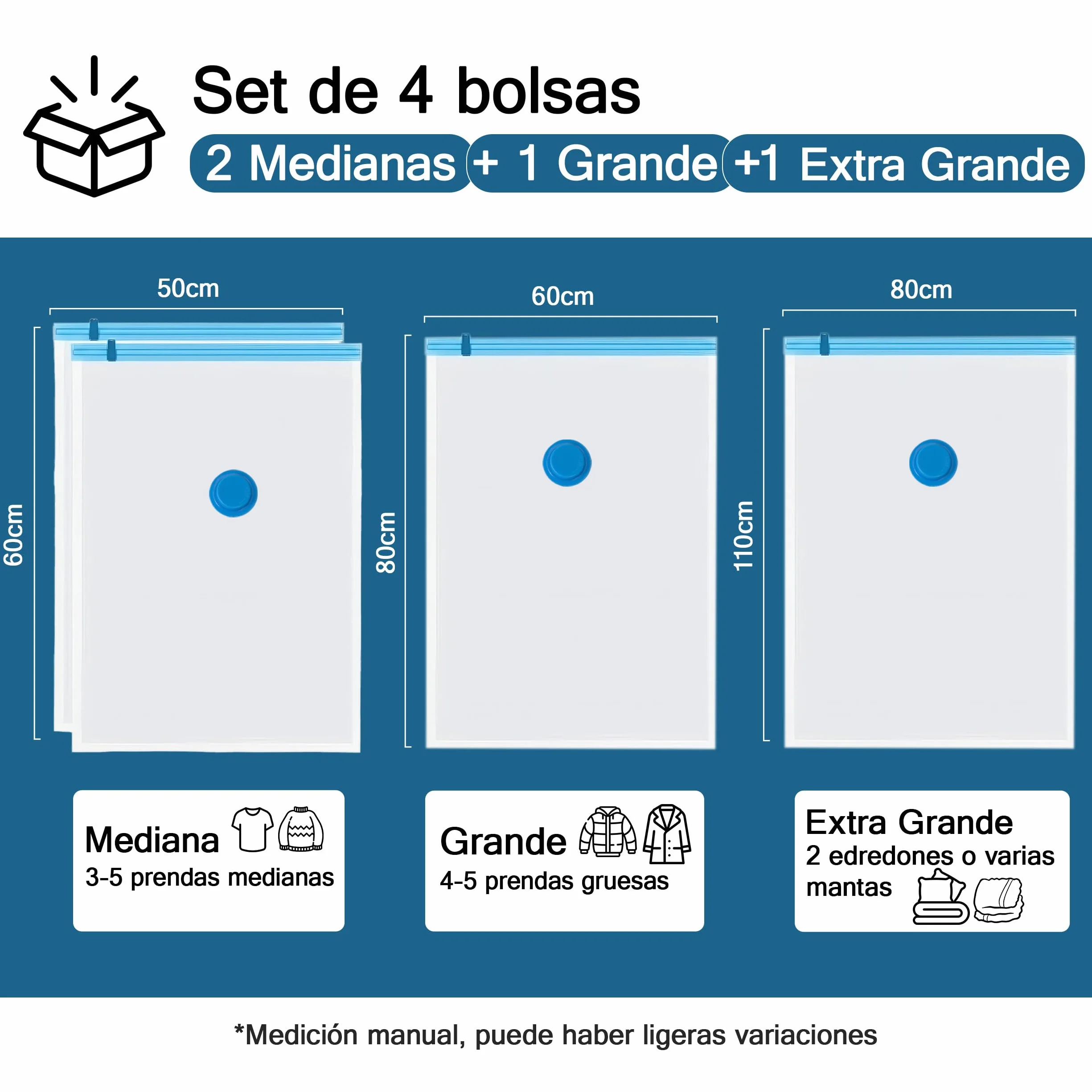 Bolsas de Almacenamiento al Vacío 4 Pack - 50x60cm, 60x80cm, 80x110cm Ahorra Espacio Ropa Edredones