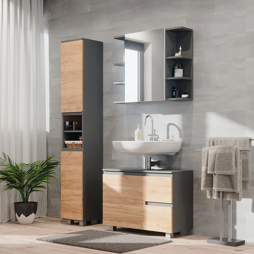 Vicco Armario de baño J-Shape, Gris, 30 x 190 cm, para Almacenamiento y combinación con Otros Elementos en Forma de J
