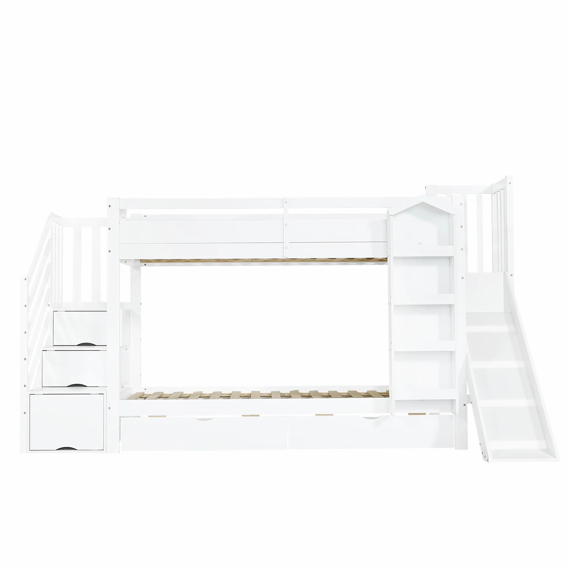 Litera, cuna, con estante para libros, dos cajones con ruedas y tobogán infantil, armario de almacenamiento para escaleras, pino + MDF + madera contrachapada, blanco, 90 x 200 cm