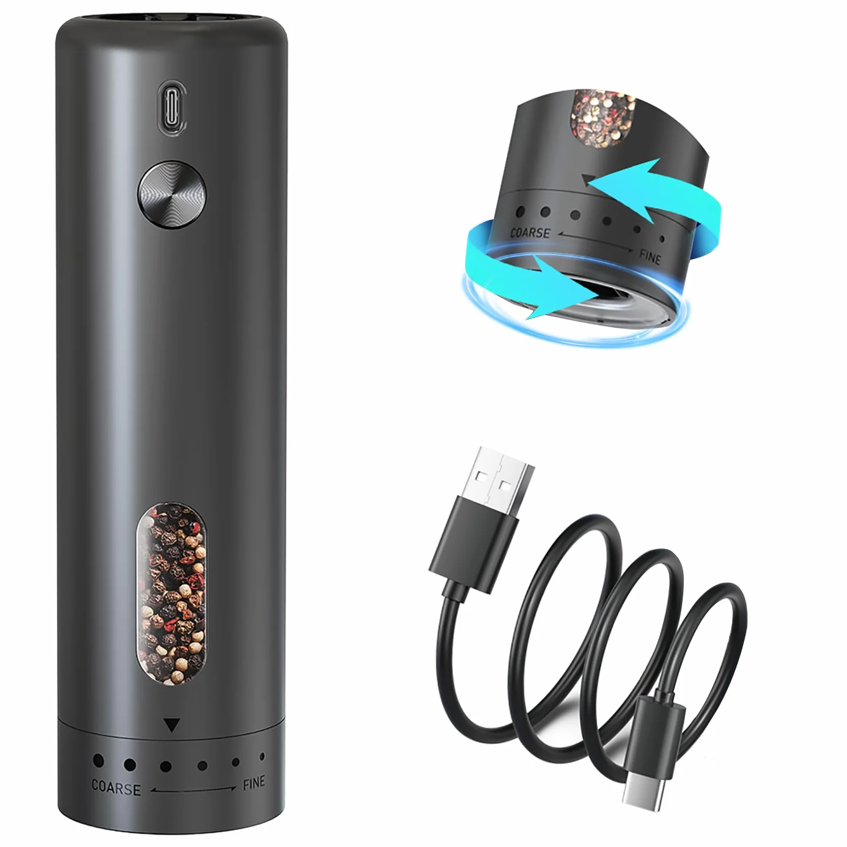 Molinillos de Sal y Pimienta Eléctricos, 110 Ml de Gran Capacidad, 5 Niveles de Ajuste del Engranaje Externo con Cepillo y Ventana Visual