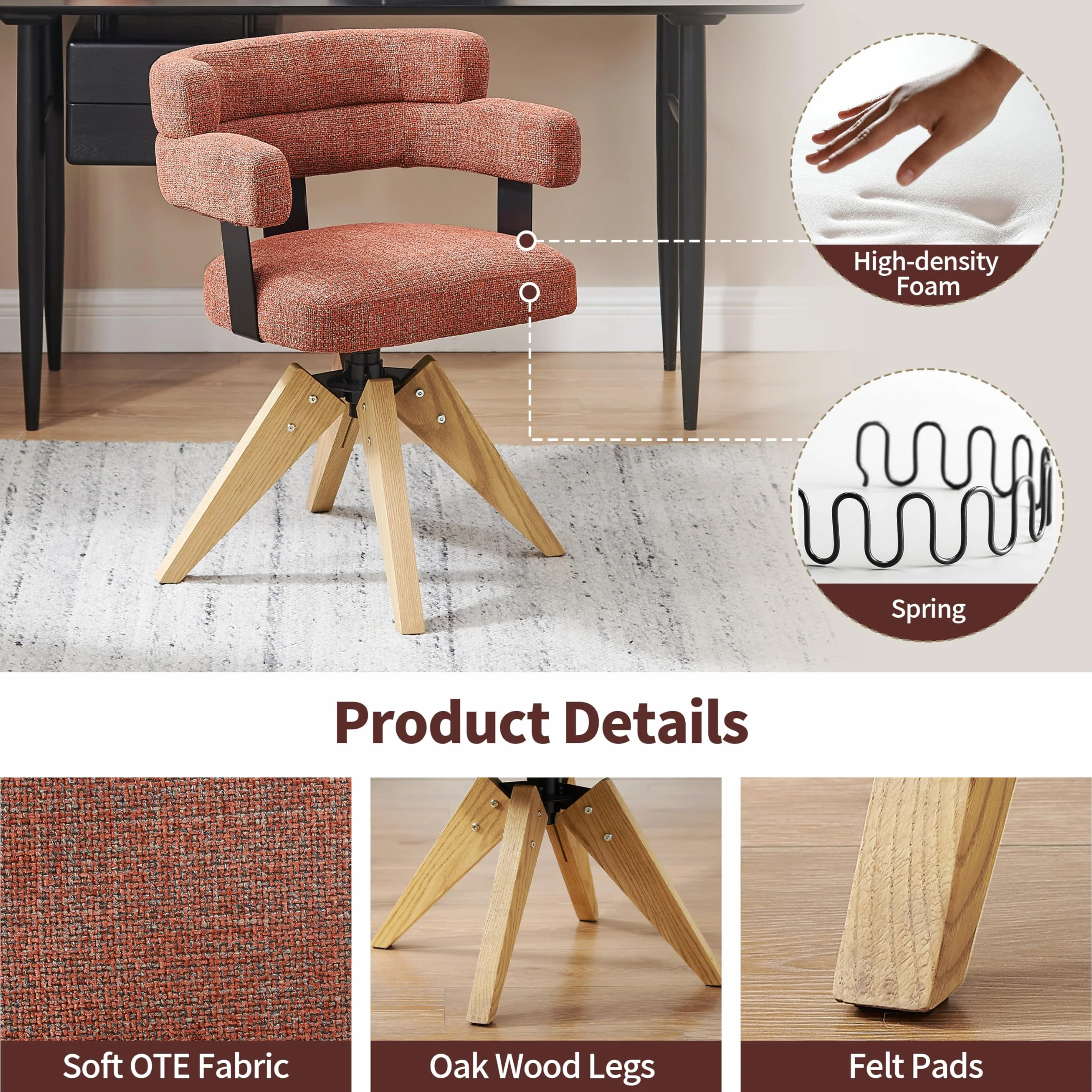 Zouron Sillas de Comedor Giratorias Tapizadas en Algodón y Lino con Reposabrazos y Respaldo, Patas de Madera, Rojo