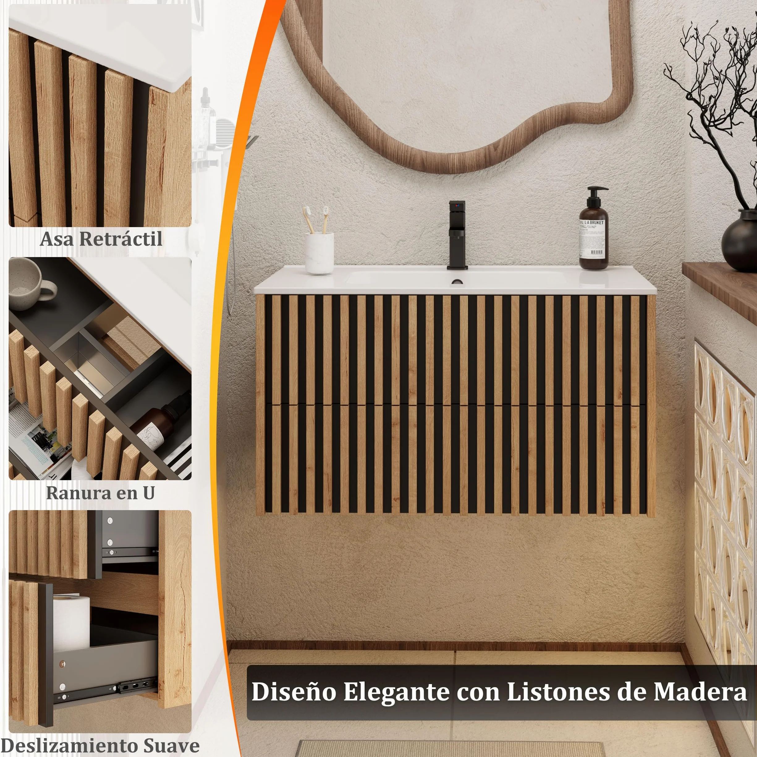 UEV 90CM Mueble de Baño Suspendido con Lavabo de Cerámica, Mueble Lavabo Incluido con 2 Cajones para Almacenaje, Moderno y Práctico, Natural