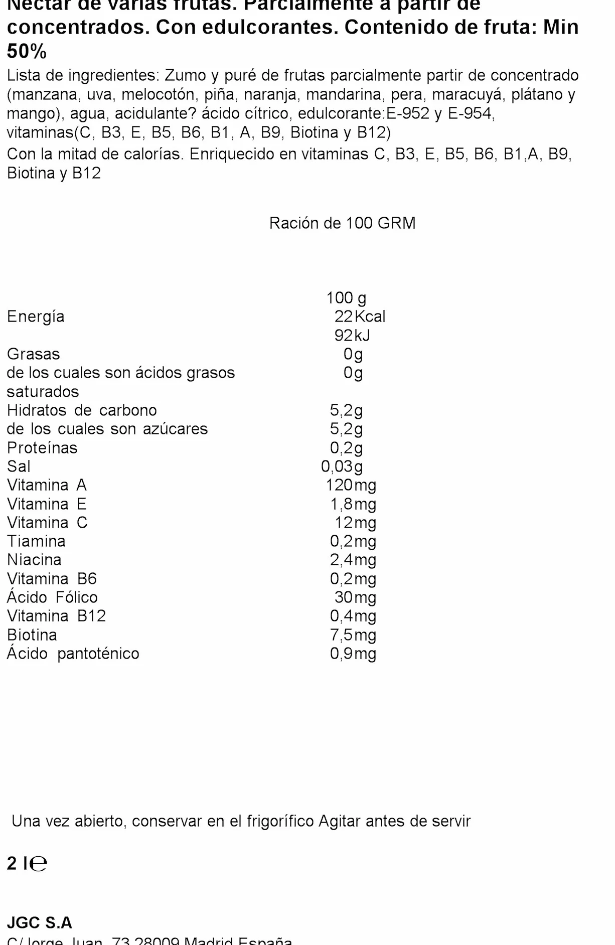 Don Simon Nectar de Frutas Multifruta sin Azúcar 2L