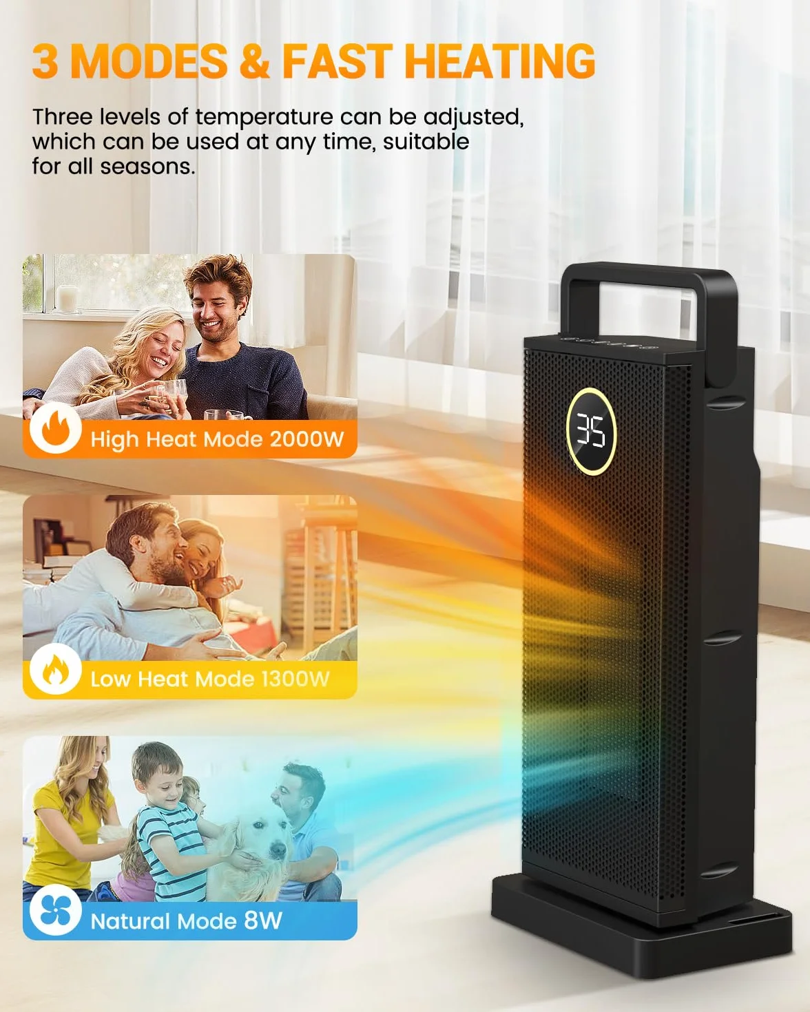 Calefactor bajo Consumo 2000 W, Calefacción Eléctrica de Cerámica, 3 Modos 60 ° Oscilante, Calentador Silencioso con Protección Contra Sobrecalentamiento y Volcado para la Oficina, Sala, Dormitorio