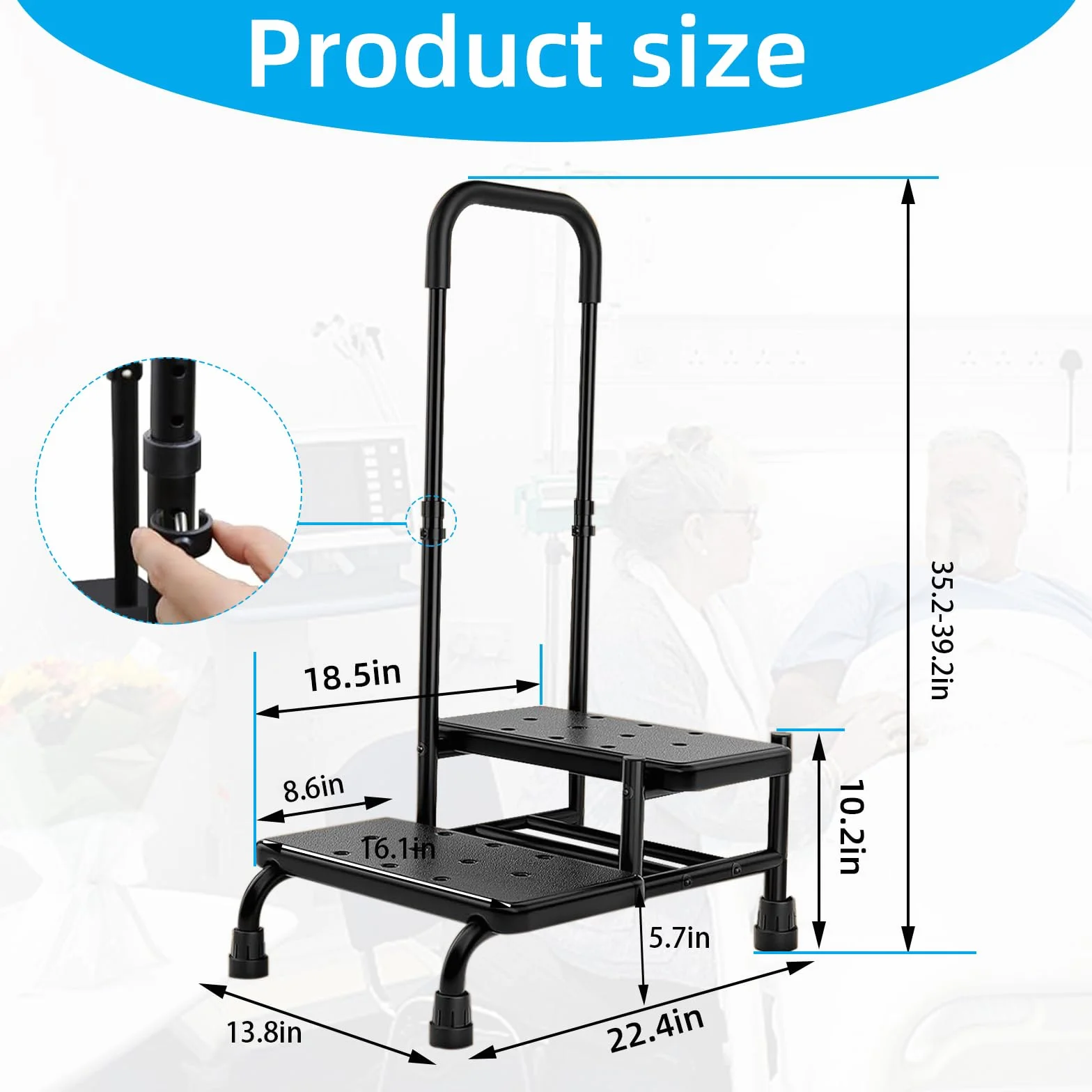 SECURA - Taburete con asa, doble peldaño hasta 160 kg, escalera con superficie antideslizante, seguridad para adultos, ancianos y niños en cocina, baño y casa