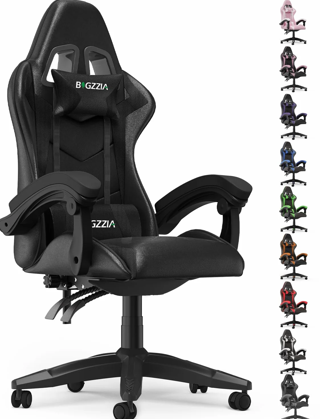 Silla Gaming Ergonómica de Oficina en Cuero PU, Regulable en Altura, Soporte Lumbar, Reposacabezas, Respaldo Reclinable 155°, Silla Gamer Adulto Niño (Negro)