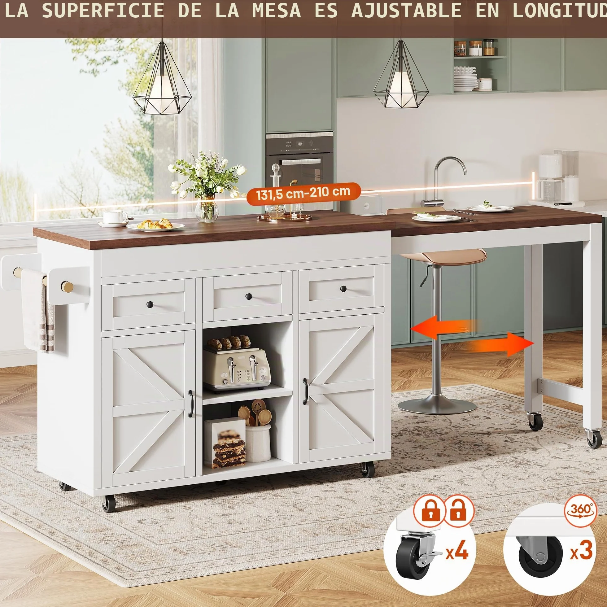 Isla de cocina independiente con encimera, mesa de comedor extensible a 360°, 2 puertas y 3 cajones, carro de cocina móvil, para cocina, comedor, 131,5-210 x 40 x 90 cm