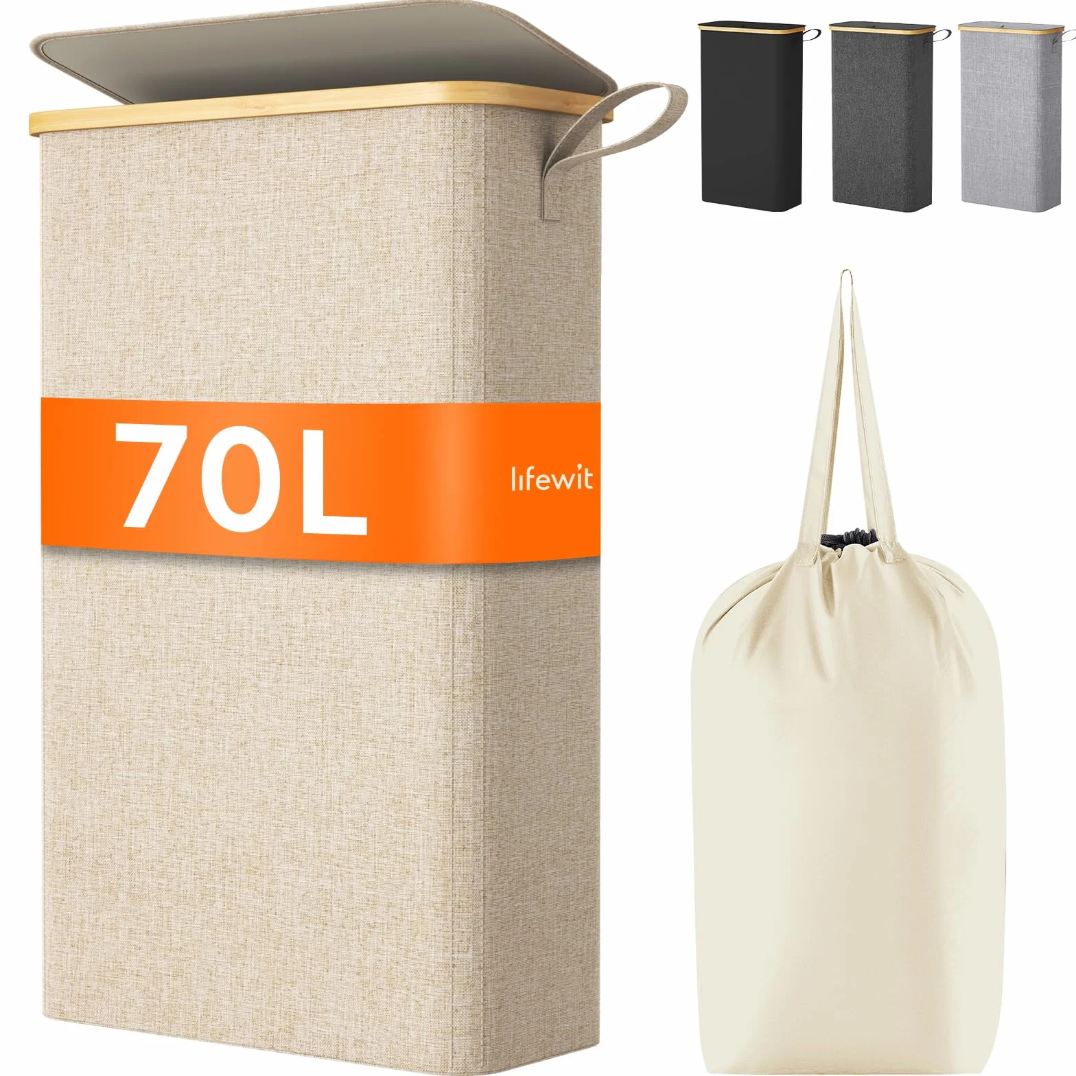 Lifewit Cesto Ropa Sucia Estrecho con Tapa, Cesto de Ropa Plegable con Bolsa Extraíble y Asa, Cesta Ropa Sucia de Bambú, Cubo de Ropa para Dormitorio, Baño, Lavandería, Dormitorio, 70 L, Beige