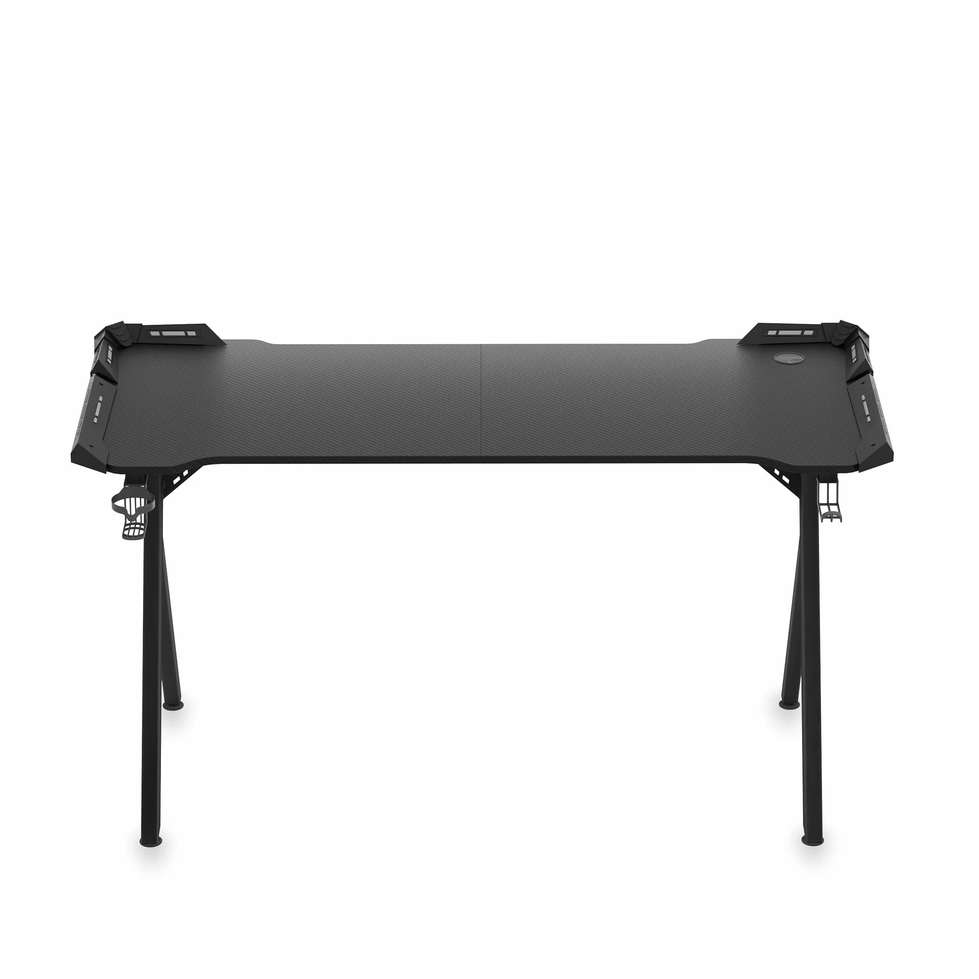 LZQ Mesa de juegos con LED RGB 140 x 60 cm, escritorio ergonómico para gamer PC con superficie de fibra de carbono, mesa de juegos RGB con mando a distancia y gancho para auriculares, color negro