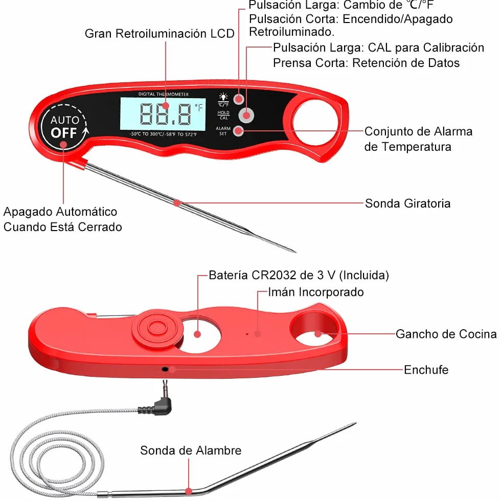 CIRYCASE Termometro Cocina, Termometro Horno Digital de Lectura Rápida & Precisa con 102cm Sonda de Alambre, Calibration & Pantalla LCD, Termometro Barbacoa para Carne, BBQ, Comida, Horno, Liquidos