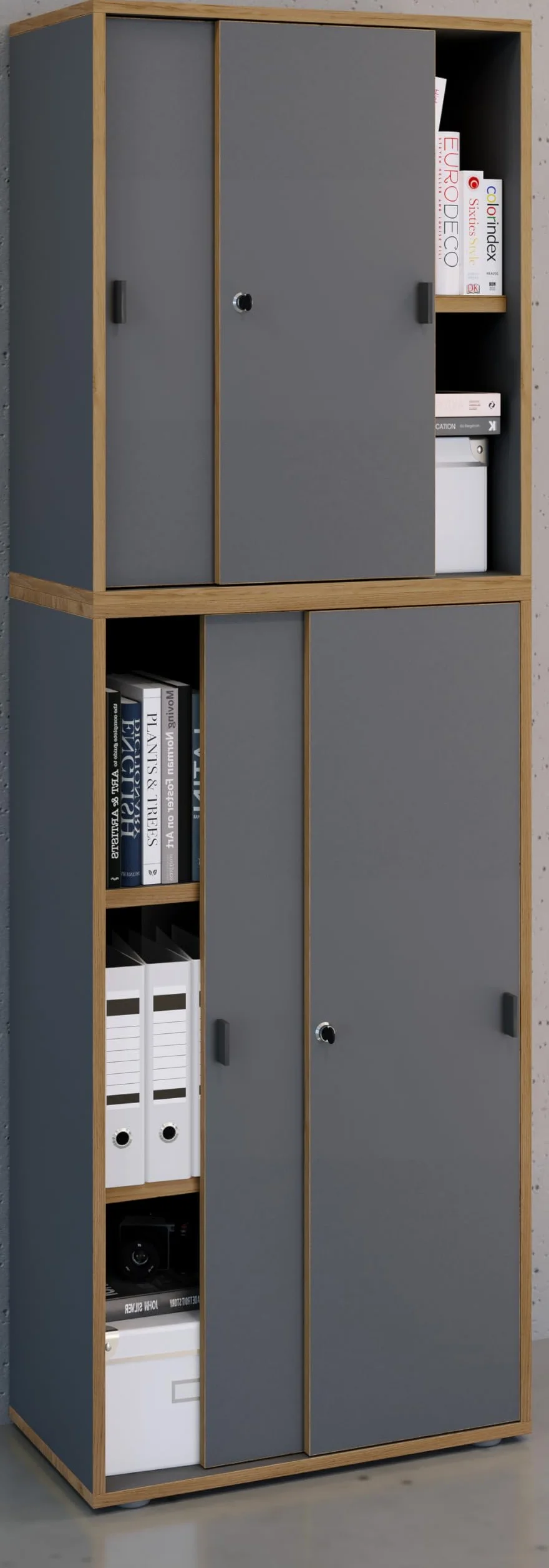 VCM Armario de Oficina de Madera Archivador Mobiliario de Oficina Armario Salia 5 Pliegues Anchura 60 cm Puertas correderas Antracita