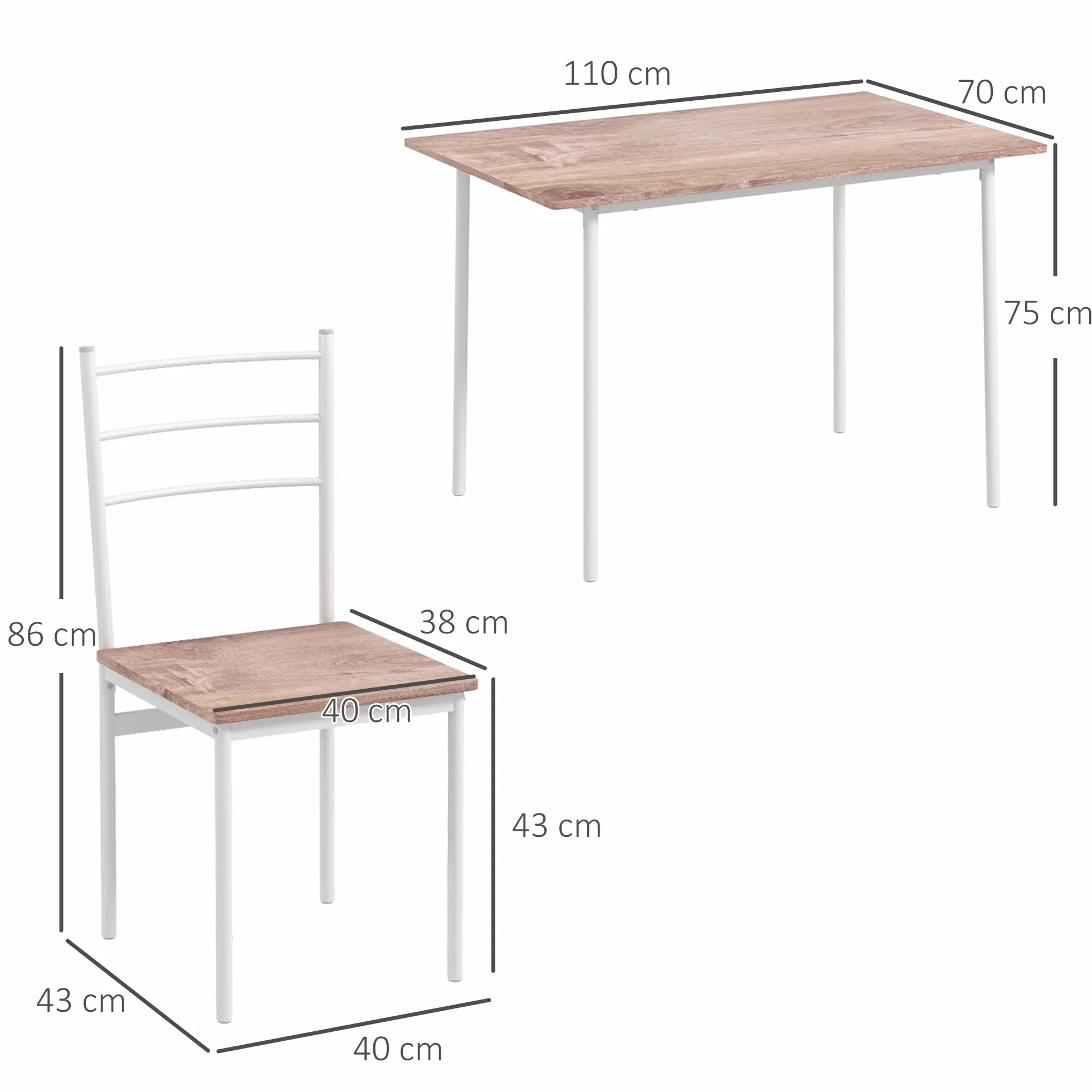 HOMCOM Conjunto de Comedor 5 Piezas Juego de 1 Mesa y 4 Sillas con Pies Acero para Cocina Restaurante 110x70x75 cm Madera Natural y Blanco