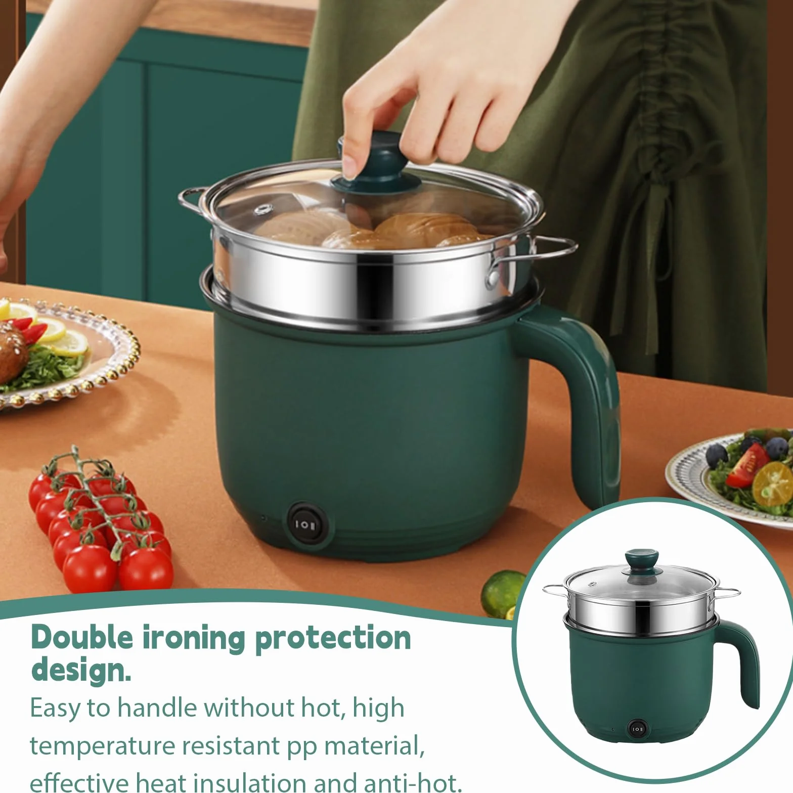 Hot Pot Eléctrico 1,5 L Portátil Antiadherente con Vapor Olla Rápida Sartén Eléctrica Doble Potencia Hervidor de Viaje