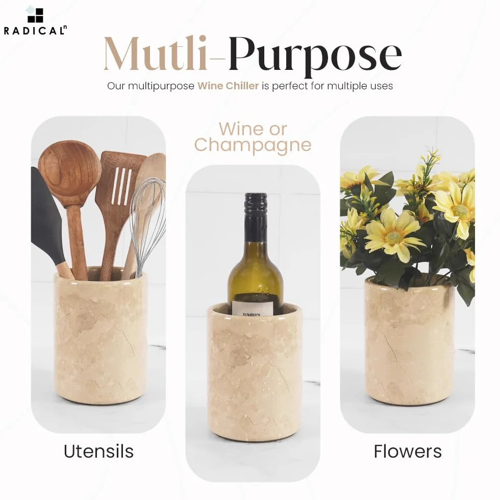 Radicaln Enfriador de vino de mármol de mesa de 5.5 x 6.5 pulgadas, enfriador de vino hecho a mano, alta y portátil, decoración del hogar y la cocina, enfriador de champán, ideal para utensilios,