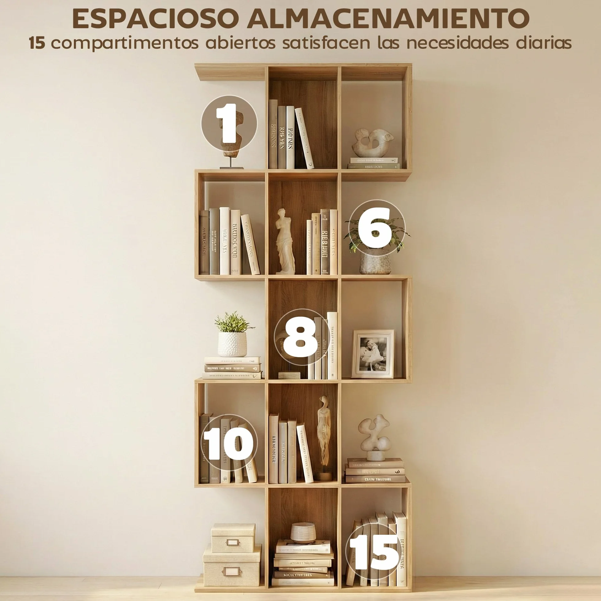 HOMCOM Estantería de 5 Niveles, Biblioteca Estrecha, Librería en Forma de S, para Salón, Dormitorio, Estudio, Oficina, 80x24x200 cm, Roble