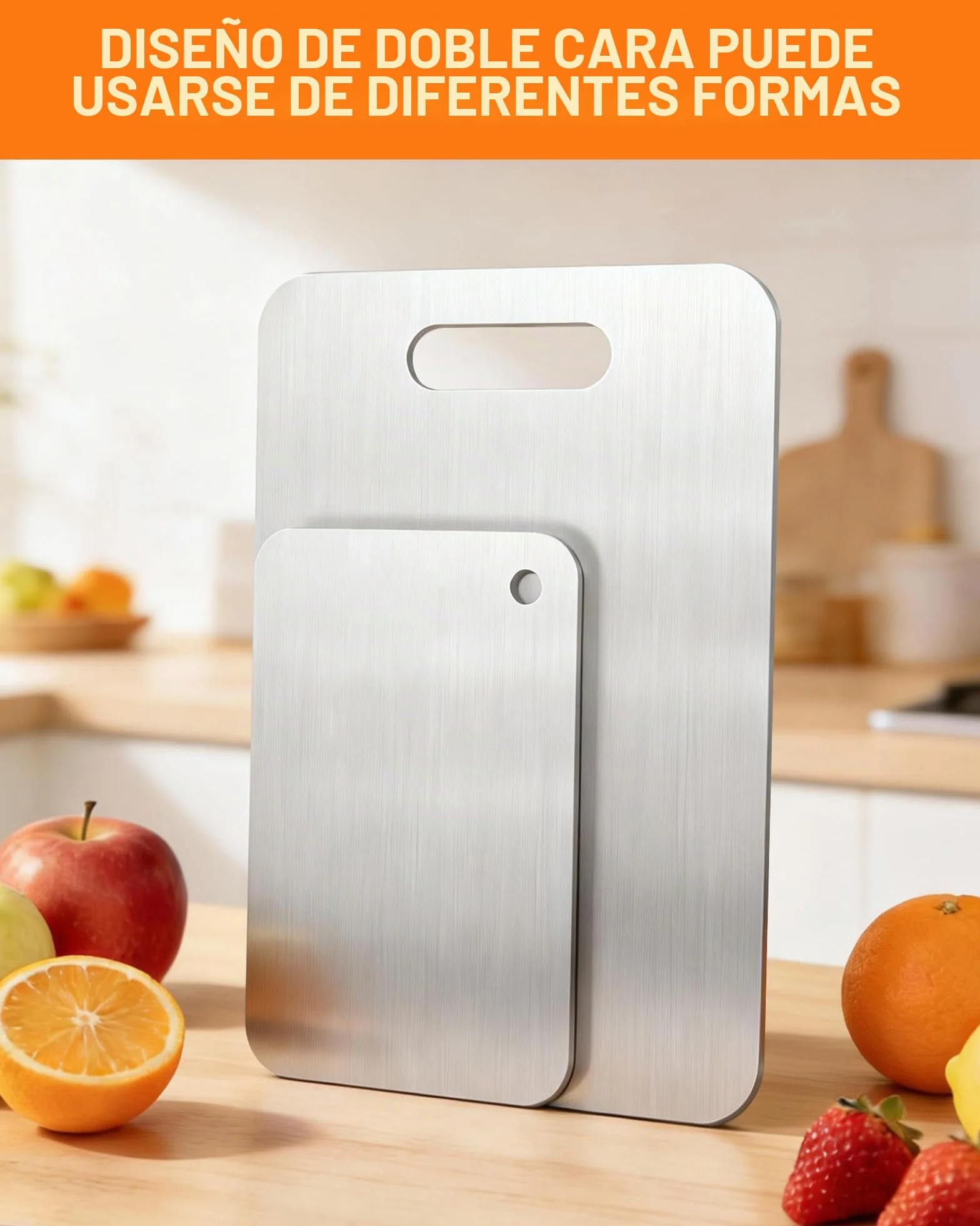 Set de 2 tablas de cortar de acero inoxidable – Tabla de cortar acero inoxidable de doble cara, ideal como tabla cortar cocina para carne, pan, gran superficie de corte (34 × 23 cm + 25 × 15 cm)