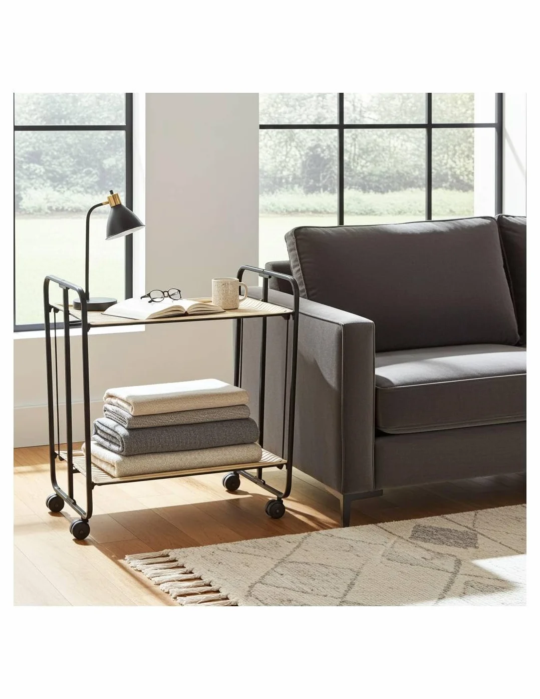 DON HIERRO - Carrito Auxiliar Plegable Bauhaus con Ruedas – Armazón metálico Negro, 2 Niveles, 4 Posiciones Ajustables- Estantes Efecto alistonado