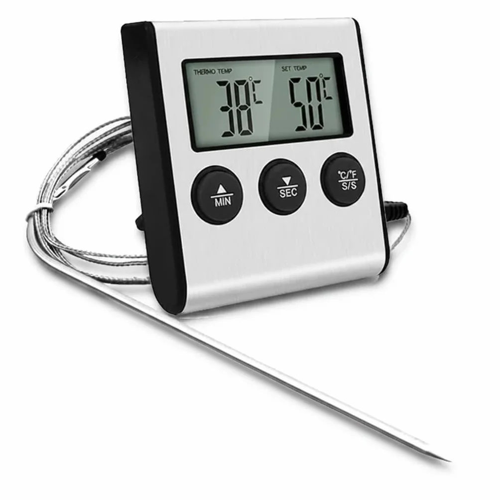 Termómetro Cocina con Sonda, Temporizador integrado, Termometro Horno Digital para Cuisine, Comida, Barbacoa, Liquidos y Aceite, Doméstico Termómetro Carne con Gran Pantalla LCD & Alarma
