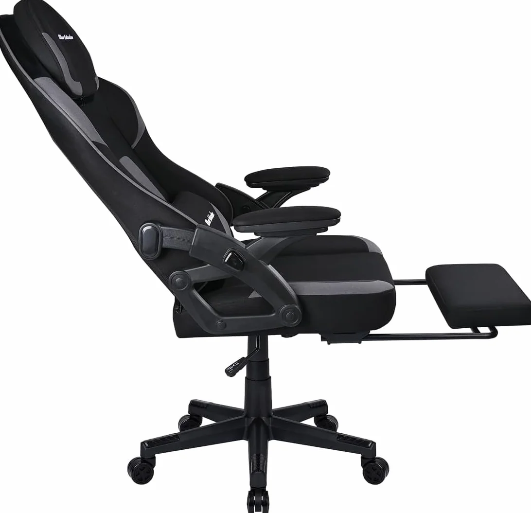 Silla Gamer Ergonómica de Tela Transpirable y Antimanchas, Reposabrazos Abatibles, con Reposapiés, Altura Regulable, Respaldo Abatible (Negro/Gris)