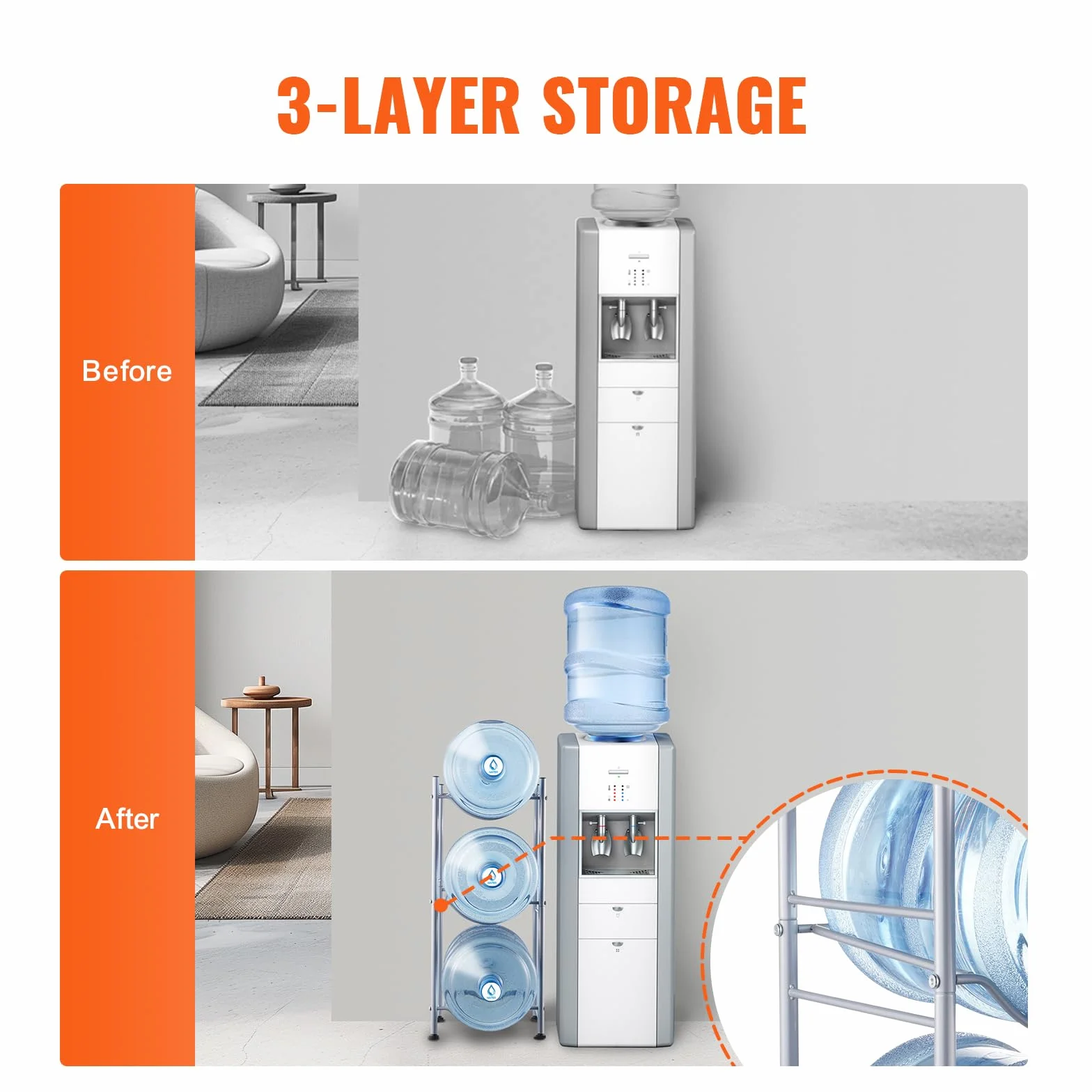VEVOR Soporte para Jarra de Agua 3 Niveles Estante para Botellas de Agua 332x330x746 mm Soporte para 3 Botellas Estante para Jarras de Agua Resistente para Cocina, Oficina, Sala de Estar, Plateado