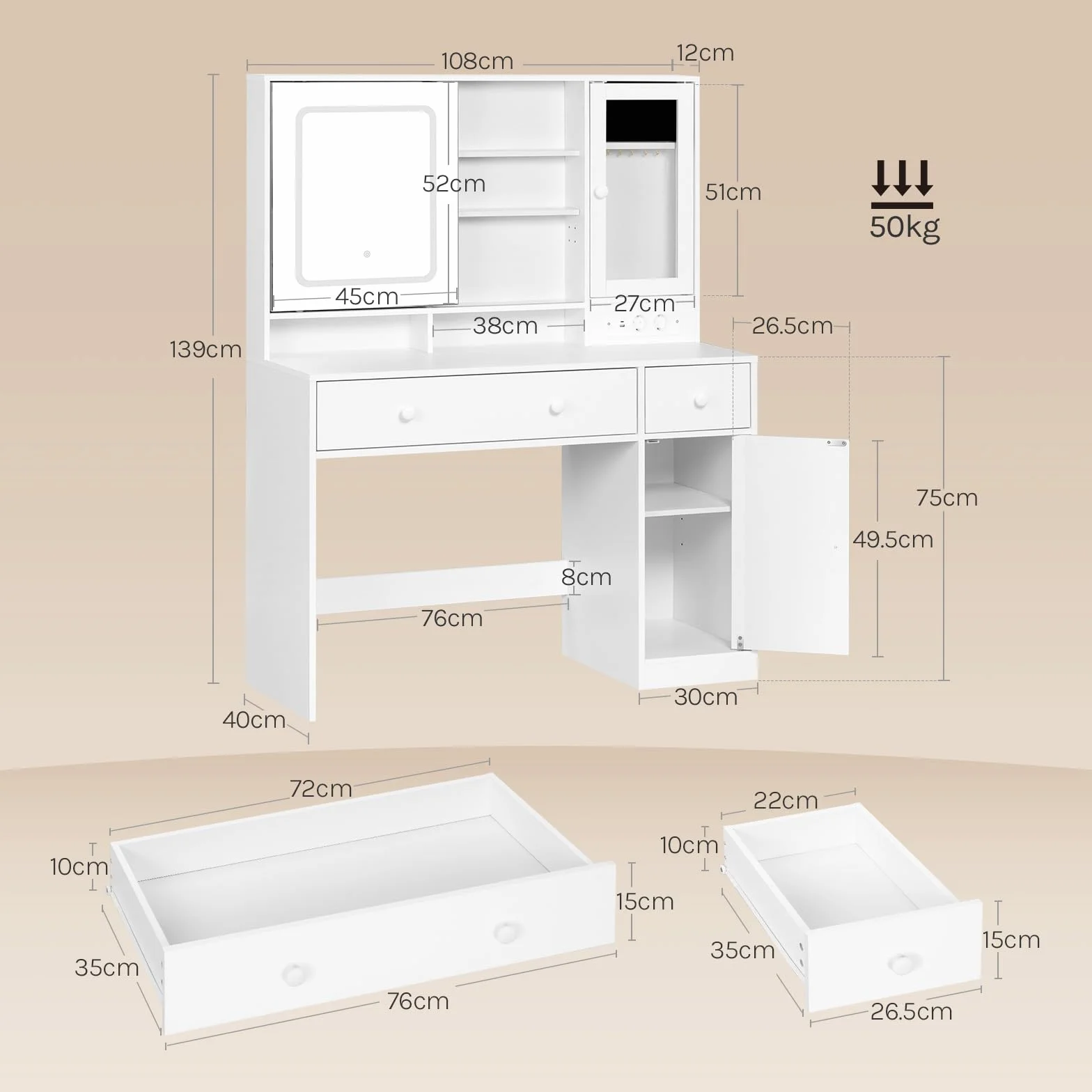 WOLTU Tocador Maquillaje con Joyero, Espejo Luz LED Ajustable, Mesa Tocador Maquillaje con Enchufes, Cajones y Estantes, Blanca, MB6125ws