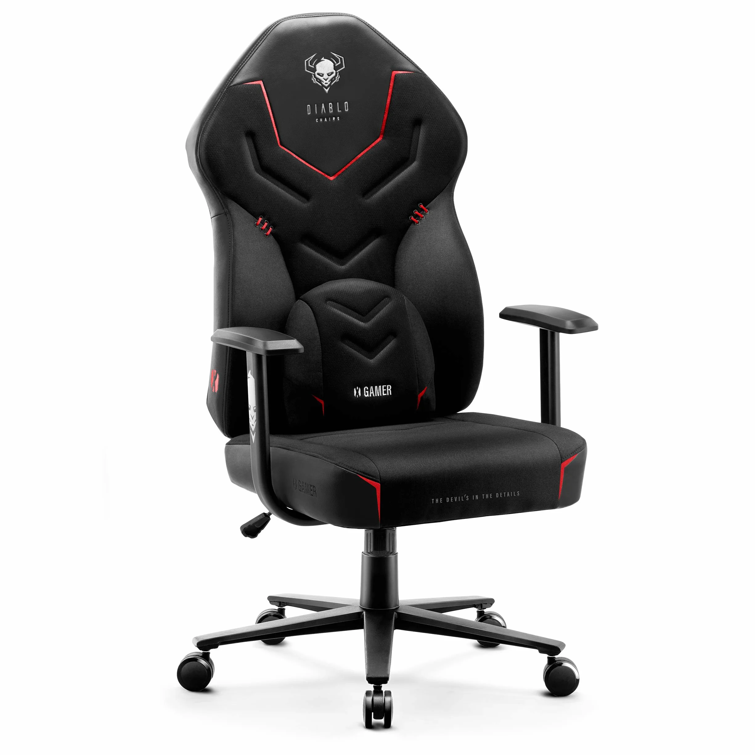 Diablo X-Gamer 2.0 Silla Gaming Gamer de Oficina Tela Diseño Ergonómico Cojín Lumbar Apoyabrazos Cómodos (Negro-Negro)