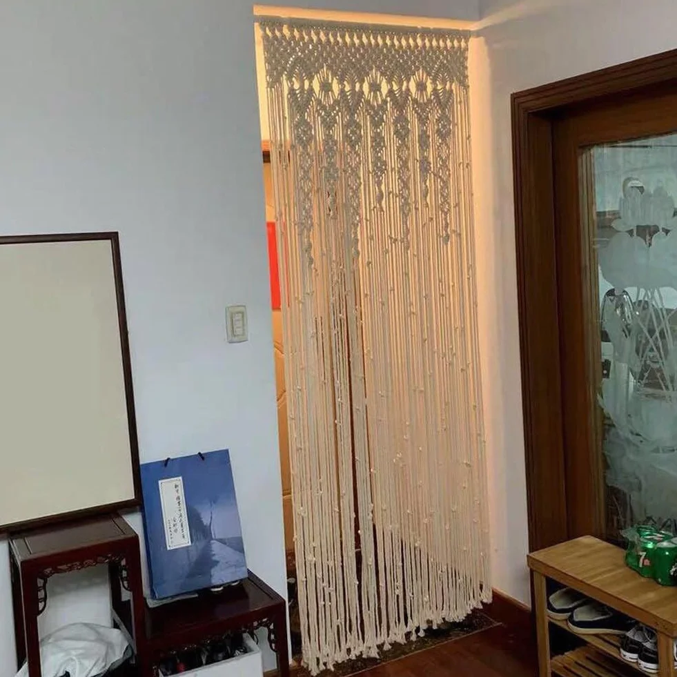 Cortina de macramé de algodón 90x200 cm beige para puerta y ventana