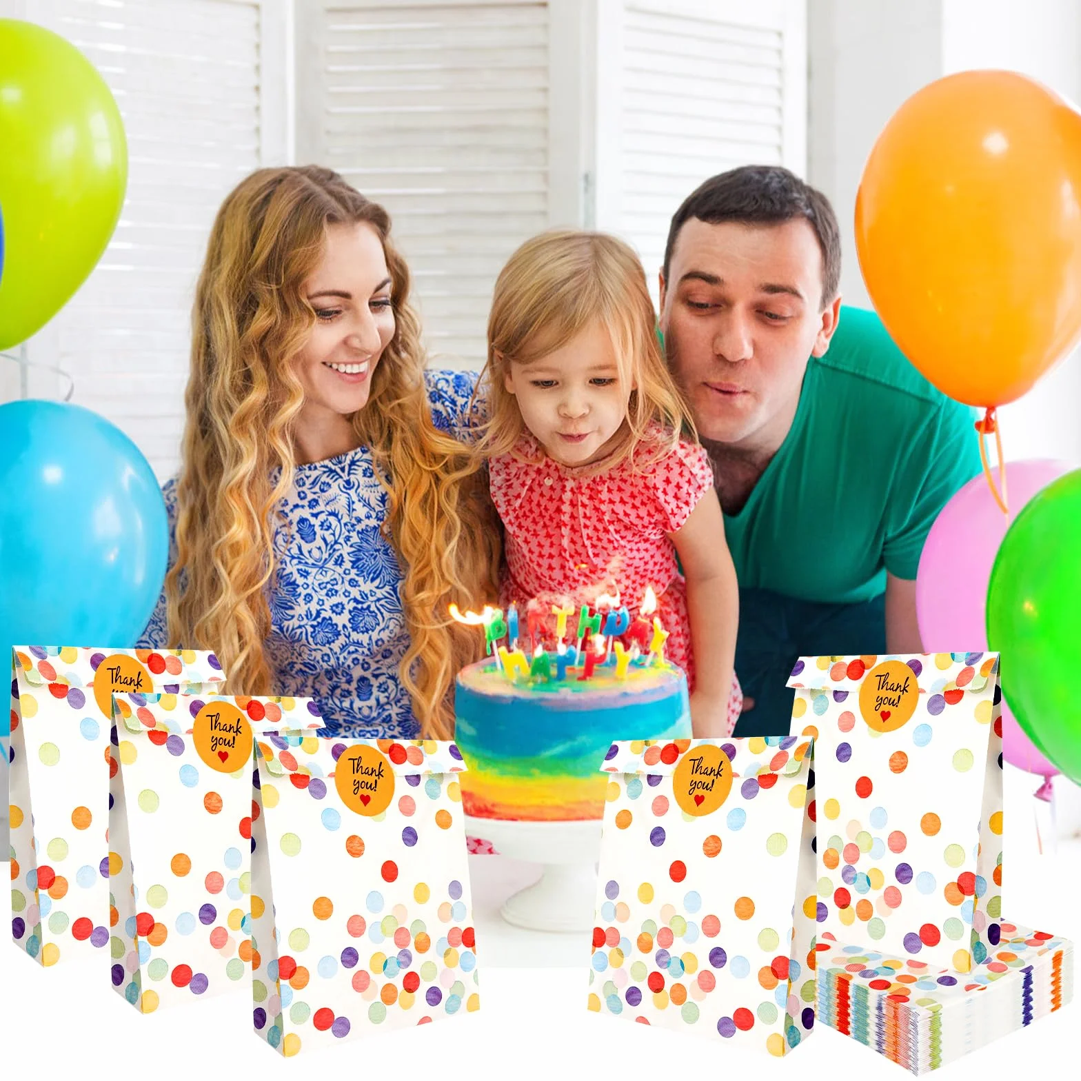 Bomtop 30 Bolsas Cumpleaños Infantil con 36 Pegatinas, Bolsas Chuches Galletas Cumpleaños, Bolsa de Regalo con Lunares de Colores para Envolver Regalos, Fiestas Infantil, Bodas, Navidad, Día del Niño