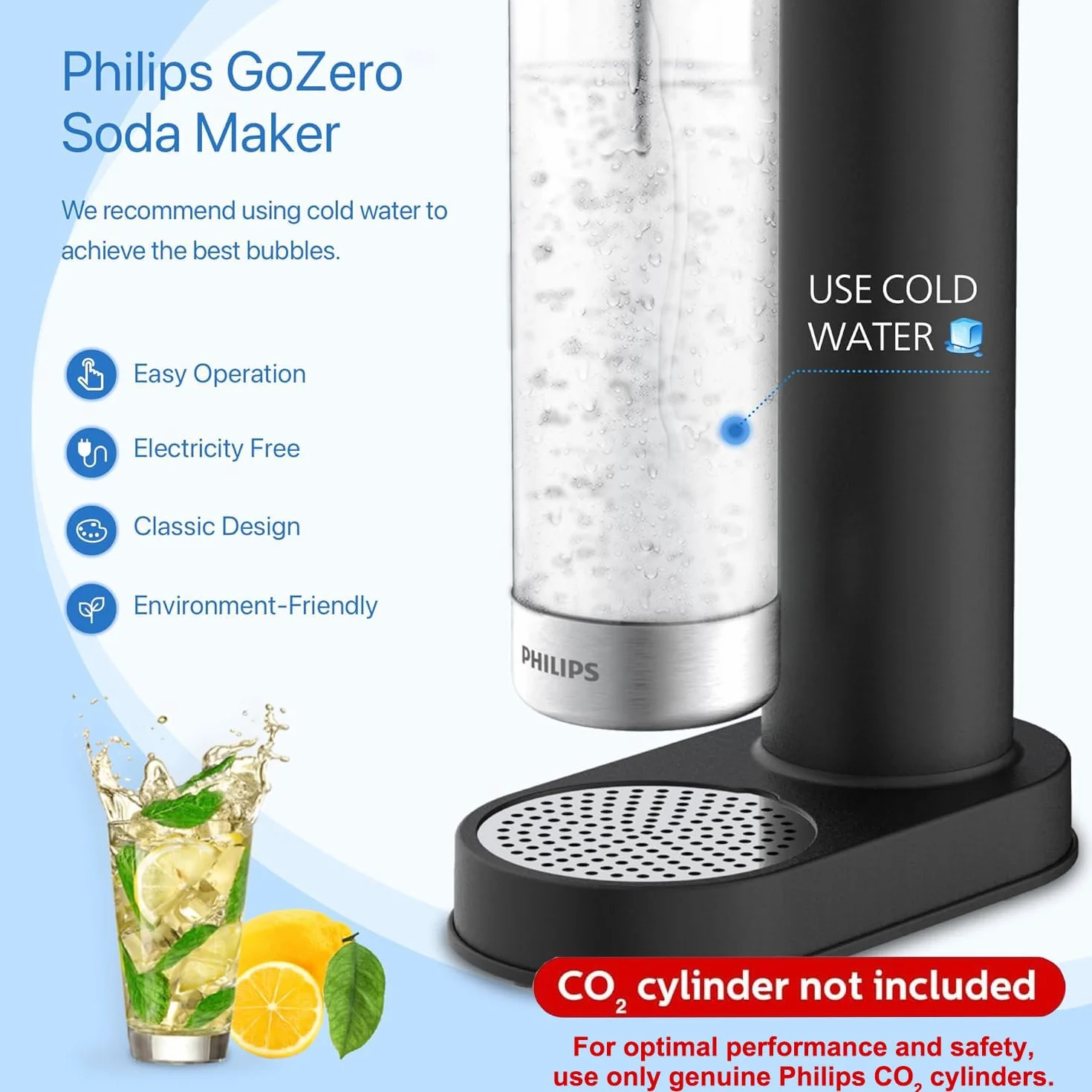 Philips Máquina para hacer refrescos de acero inoxidable con gas para el hogar, 1 litro, sin BPA, compatible con carbonatador de CO2 de 60 L