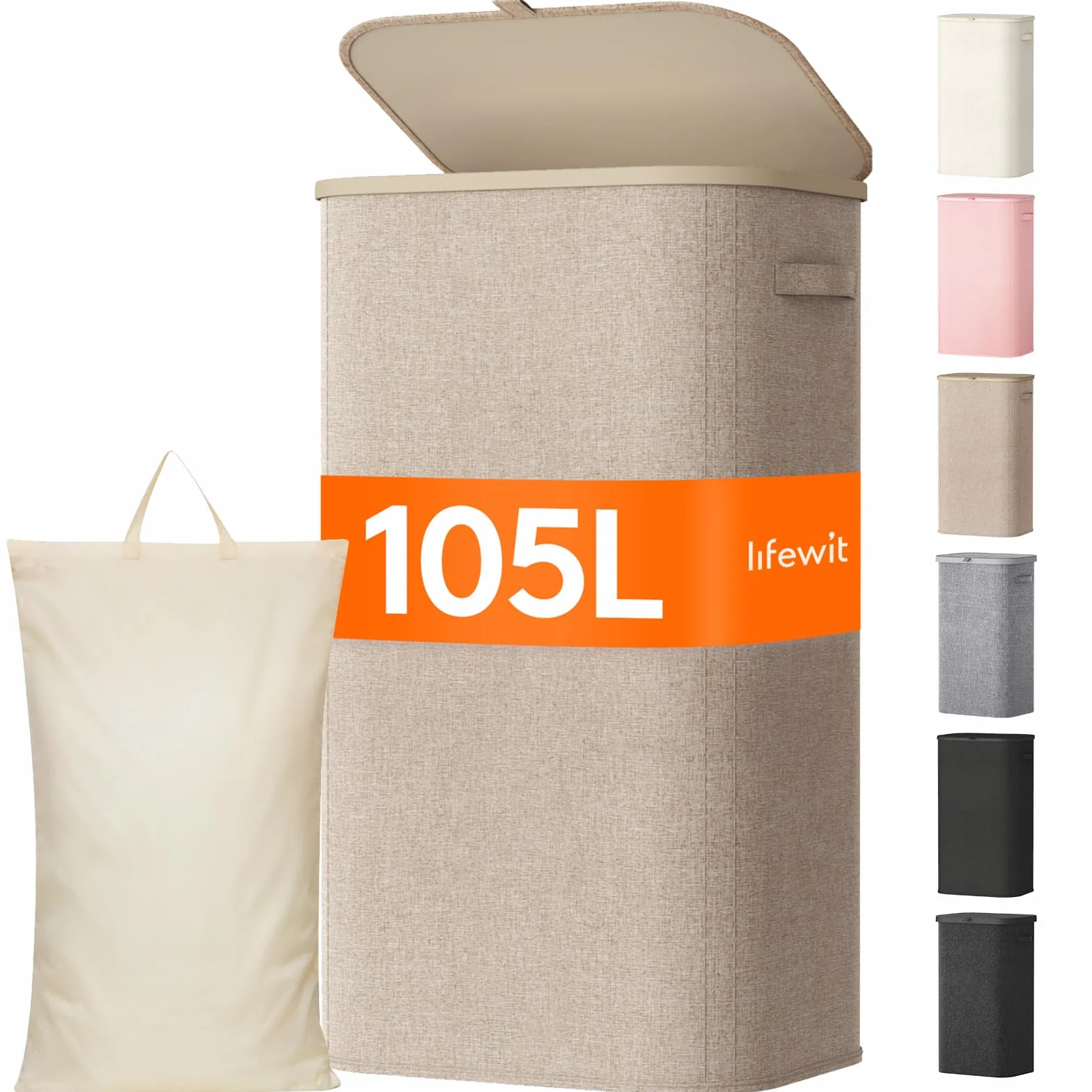 Lifewit Cesto Ropa Sucia, Cesta Ropa Plegable con Bolsa Extraíble y Asa, Cubo Ropa Sucia con Tapa, Laundry Basket para Dormitorio, Baño, Lavandería, Dormitorio, 105 L, Beige