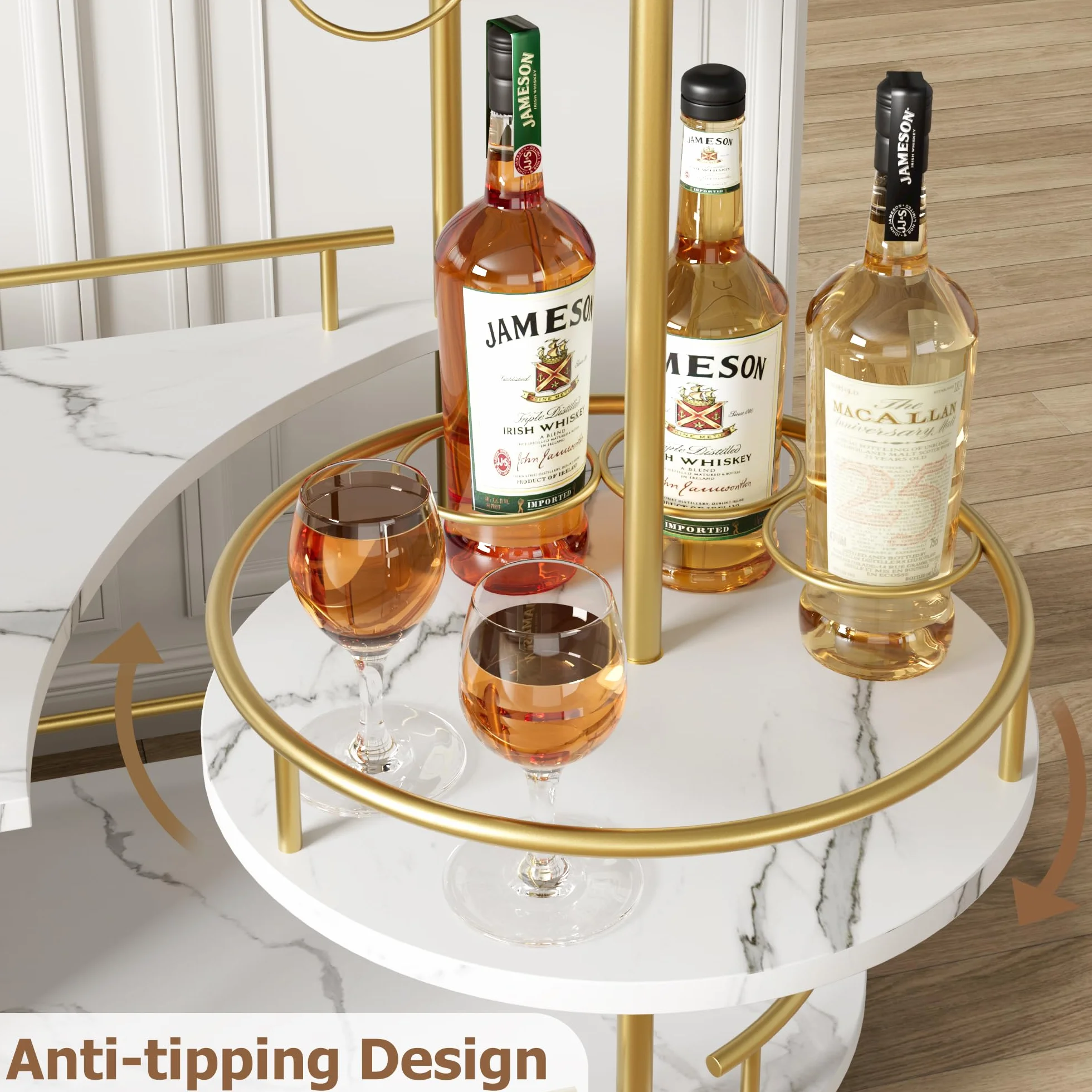 Muebles de Bar,Carros de Vino,Estante de Botellas de 3 Niveles, Ovalado, Base Blanca,Carro de deesert Estructura de Metal Dorado, construcción de gres porcelánico y Metal, Dimensiones 94 × 87 × 40 cm