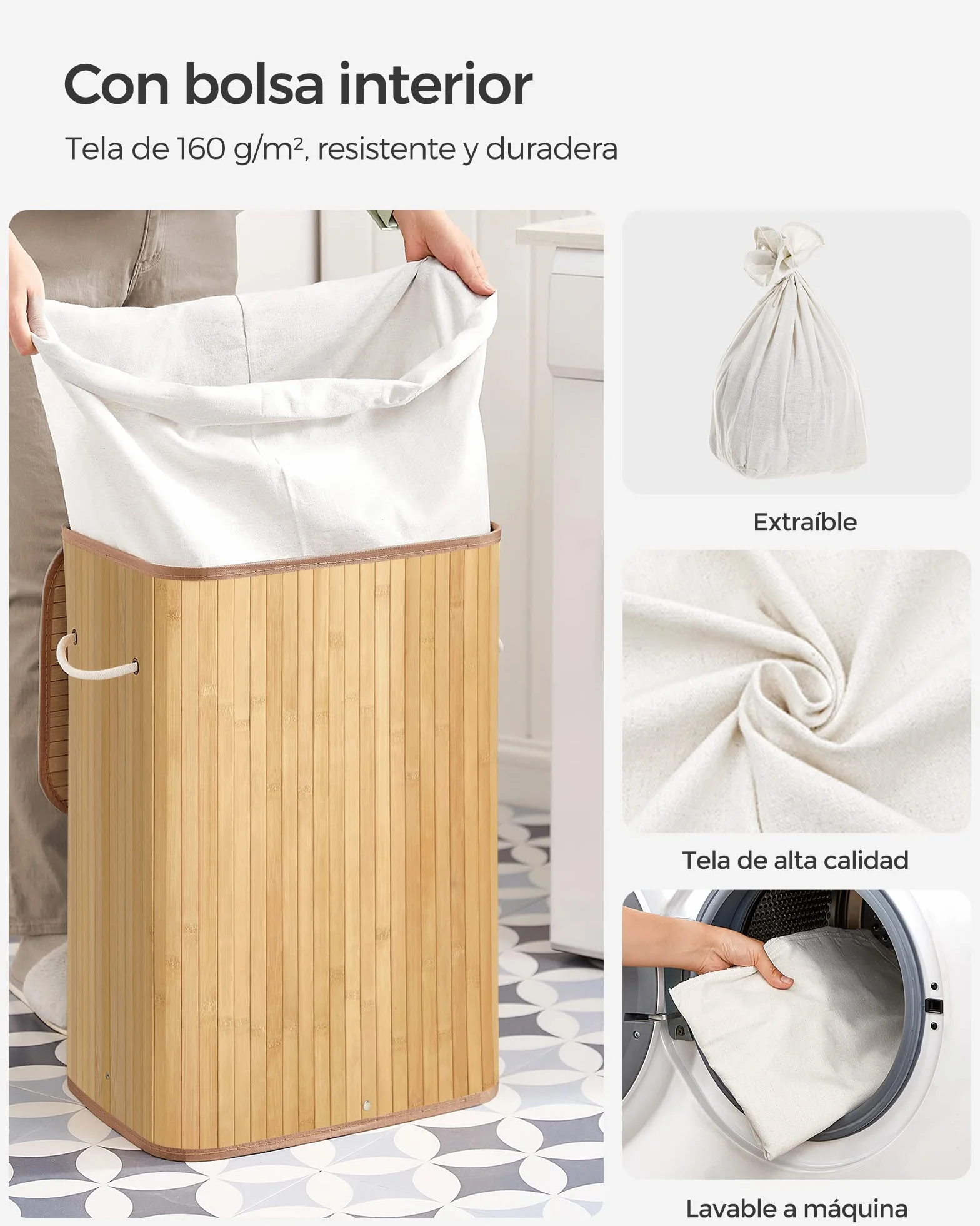 SONGMICS Cesto de la Ropa Sucia con Tapa 72 L Bambú Plegable con Bolsa Lavable Extraíble Natural LCB10Y
