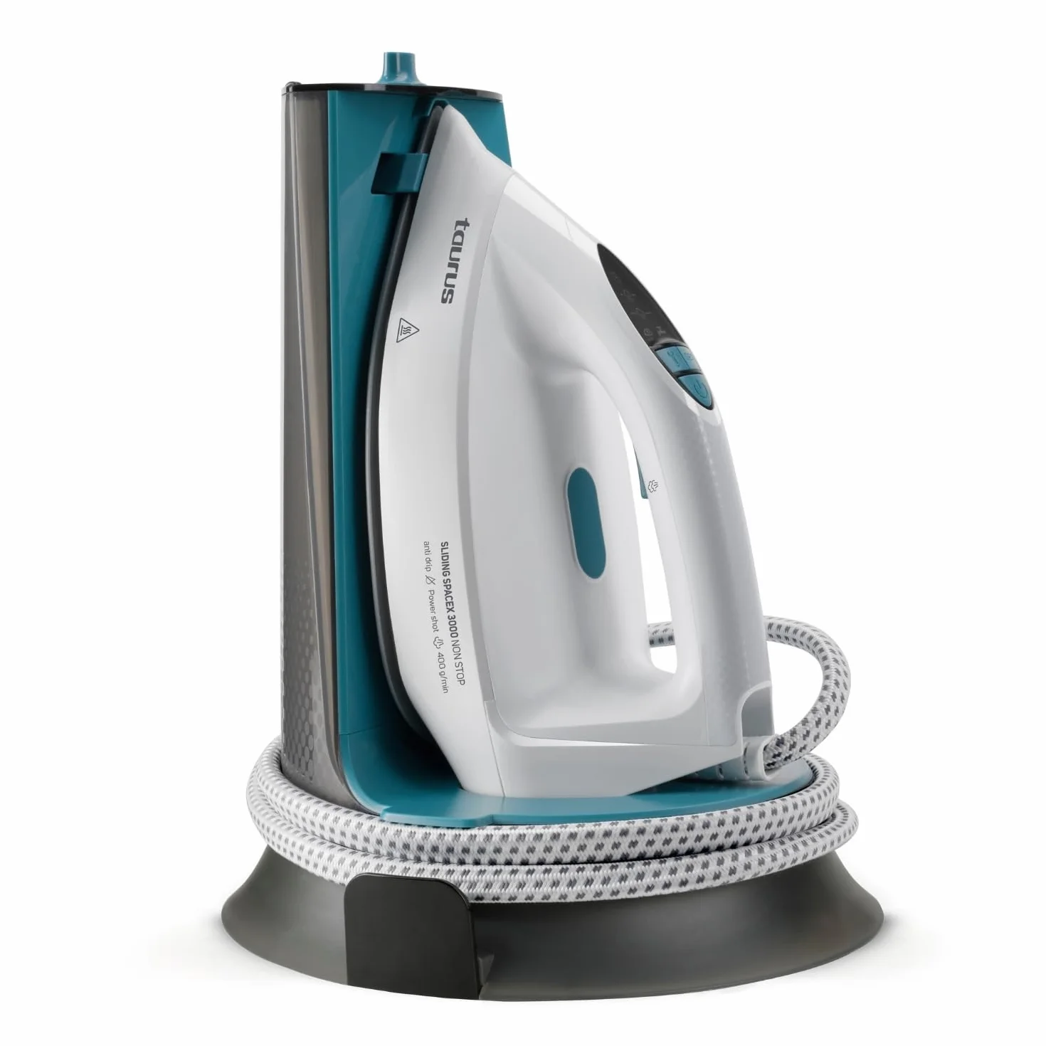 Taurus Sliding Spacex 3000 Non Stop - Centro de planchado compacto, calentamiento en 30s, golpe de vapor 400g/min, vapor continuo de 130g/min, depósito extraíble de 1.3L, suela cerámica