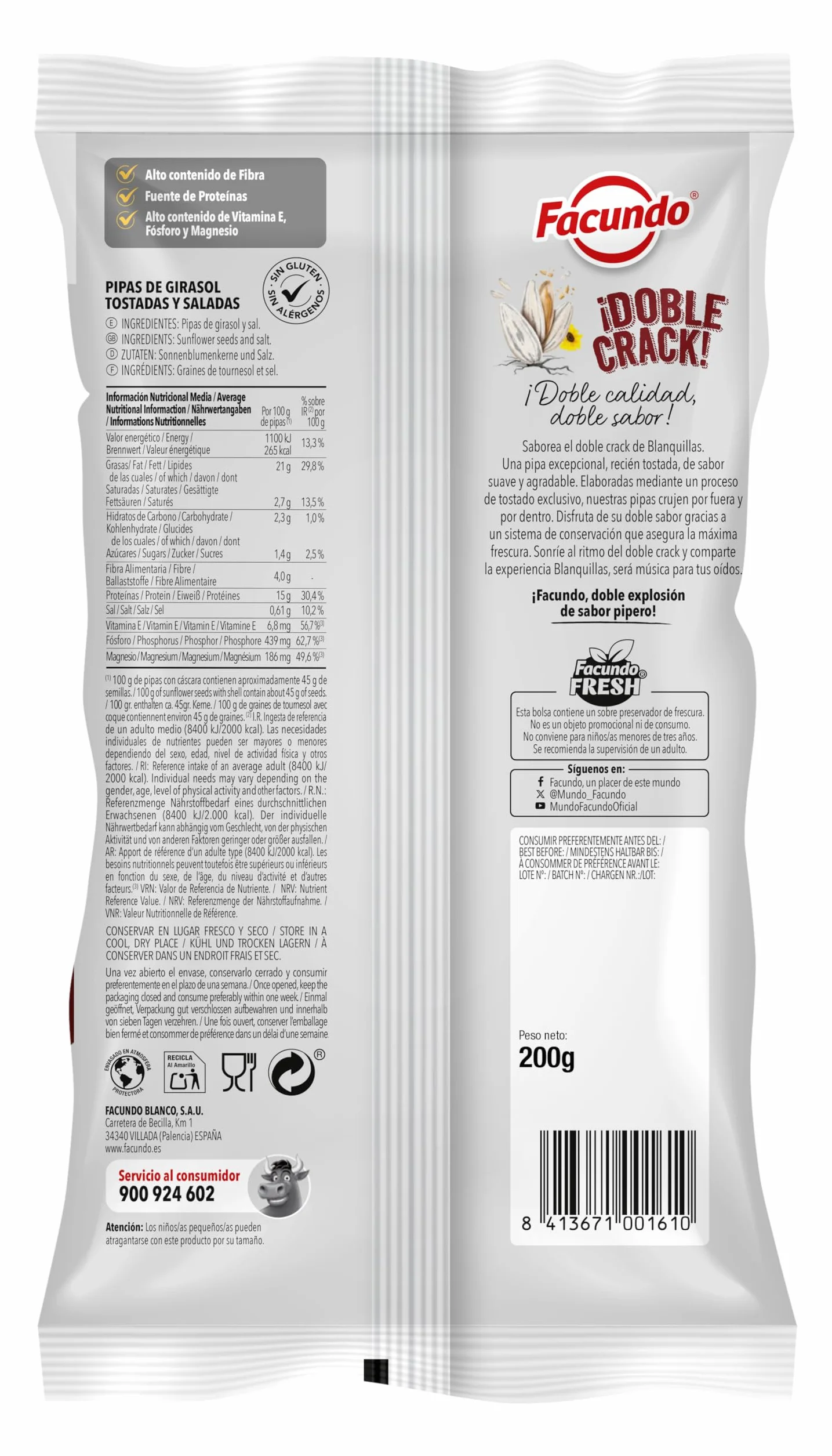 Facundo Pipas Blanquillas de Girasol Tostadas y Saladas 200g Extra Crujientes