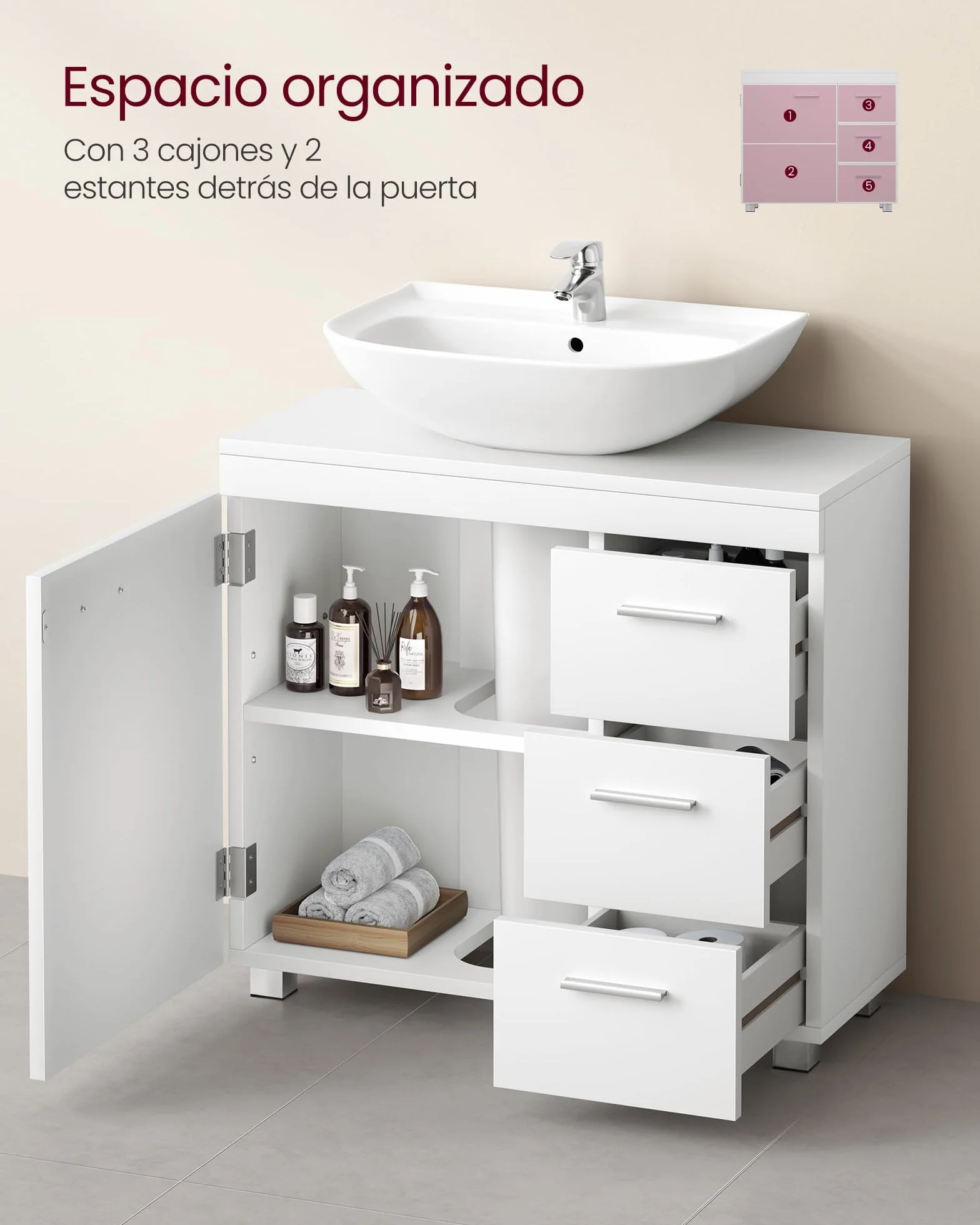 VASAGLE Mueble Bajo Lavabo Armario de Baño 3 Cajones 30x70x64 cm Blanco Nube