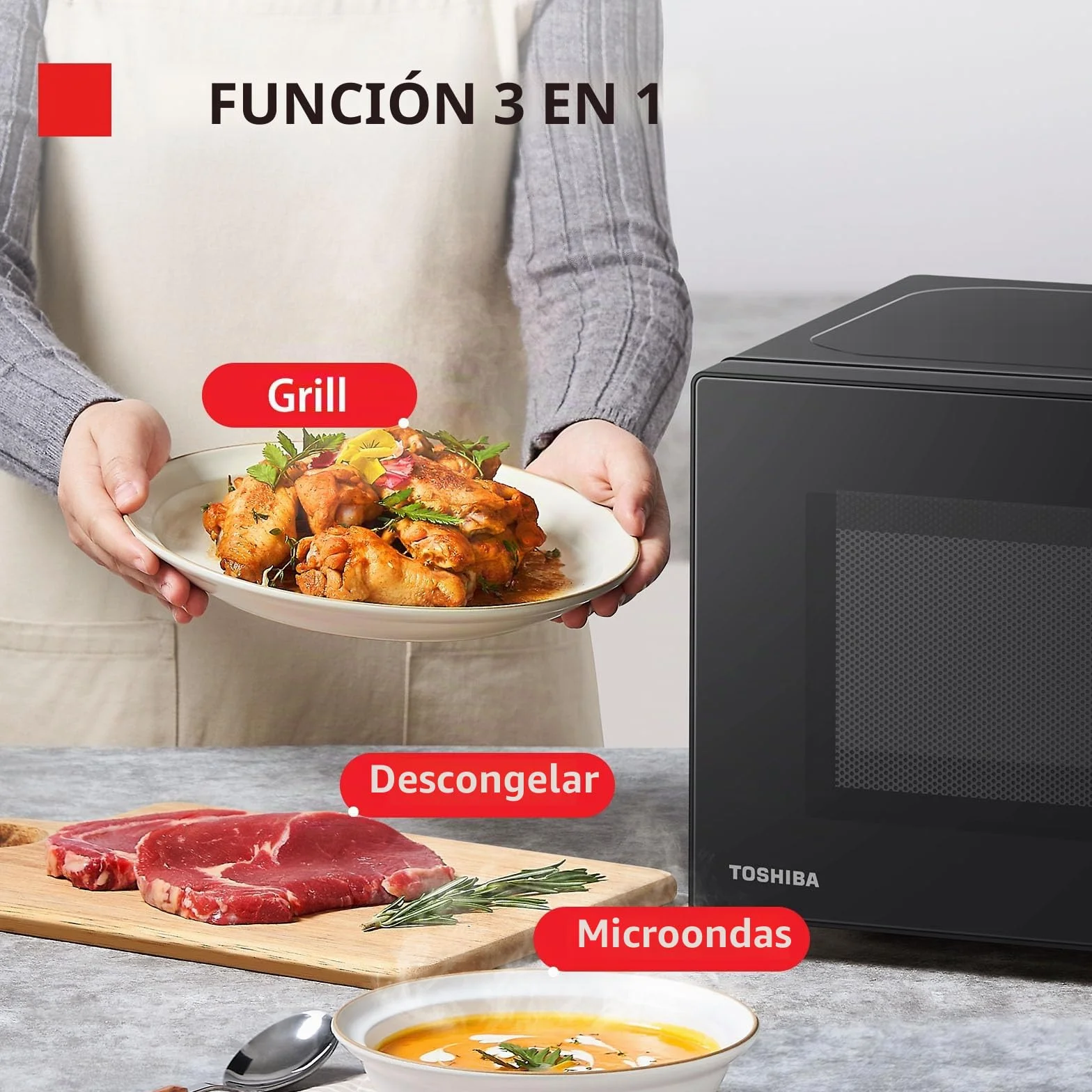 Toshiba MW2-MG20PF(BK)/GE - Horno microondas con función crujiente grill y cocina combinada, 5 niveles de potencia, 1000 W de potencia, color negro
