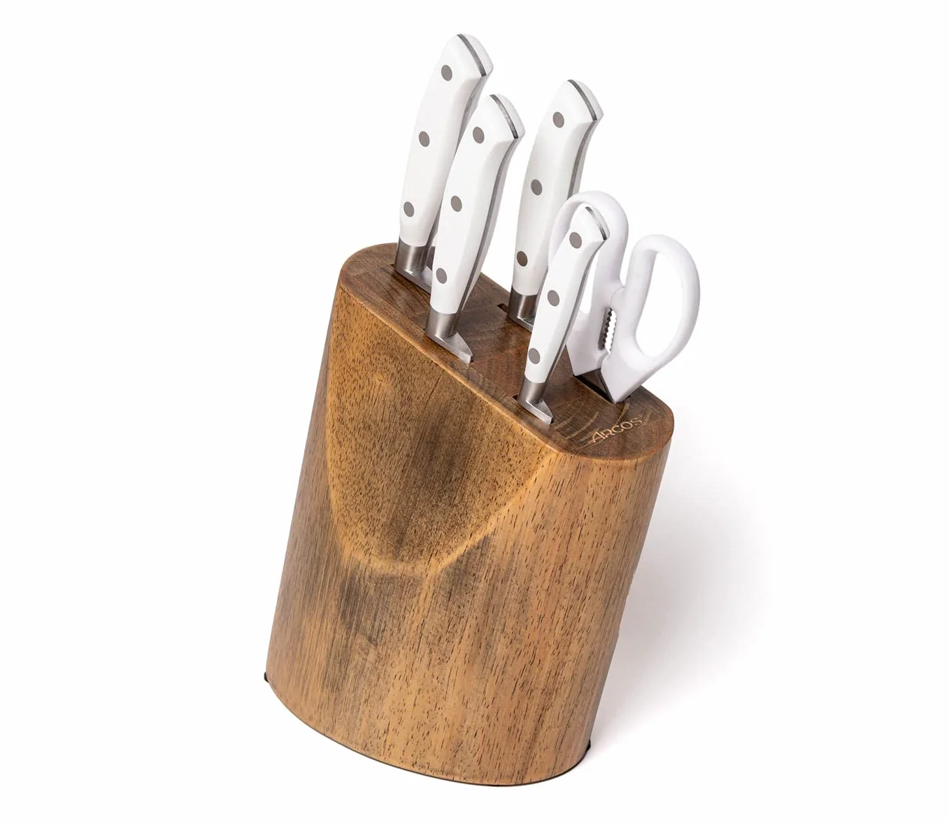 Arcos Set Cuchillos Forjados 5 piezas - Acero Inoxidable Nitrum. 3500 gr. Mango Ergonómico Polioximetileno POM. Serie Riviera Blanc. Hoja delgada con un Borde Suave característico. Color Blanco.