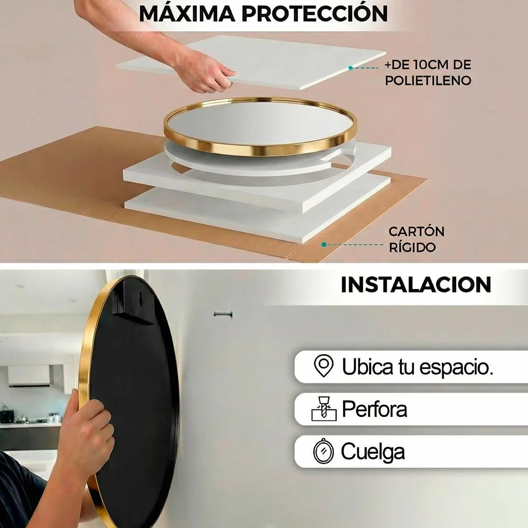 Marctani Espejo Redondo con Marco de Metal Decorativo Pared Elegante Moderno Baño Salon Recibidor Dorado 80 cm