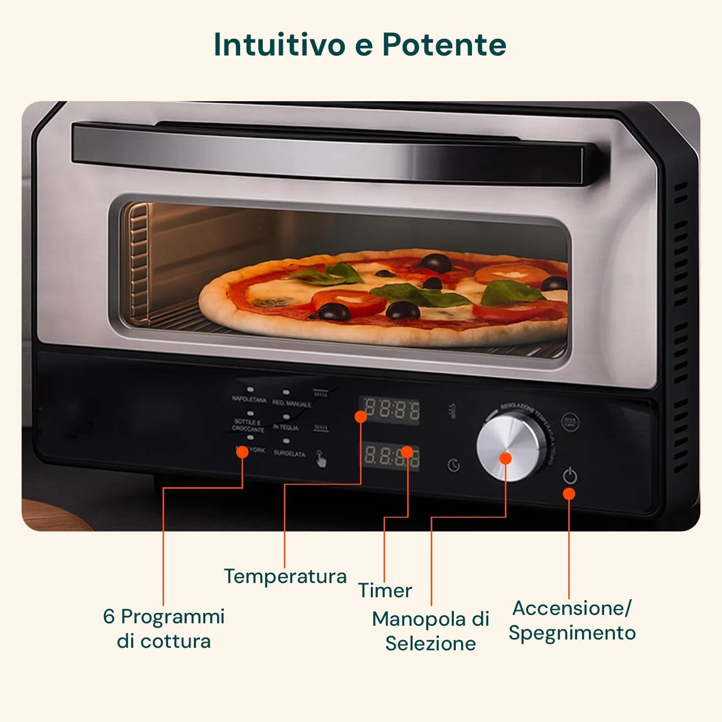 Horno eléctrico para pizza Avilia 400°C con pantalla digital y 6 programas de cocción, acero inoxidable