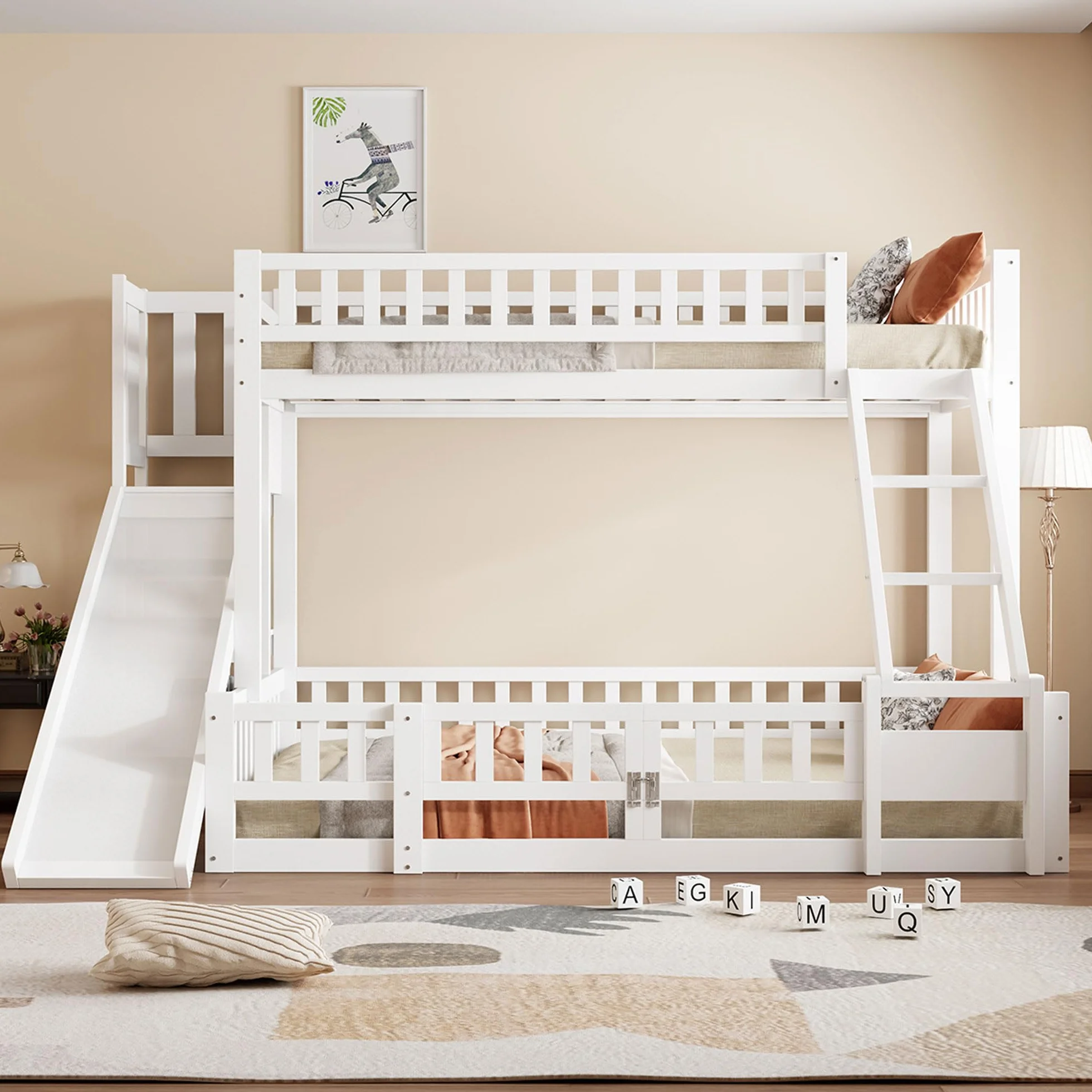 Lubvtti Litera Infantil 90/140 x 200 cm con tobogán,Cama Infantil con estantes y guías de Seguridad,Estructura Cama para niños 90/140x200 con somier de láminas,sin colchón,Blanco