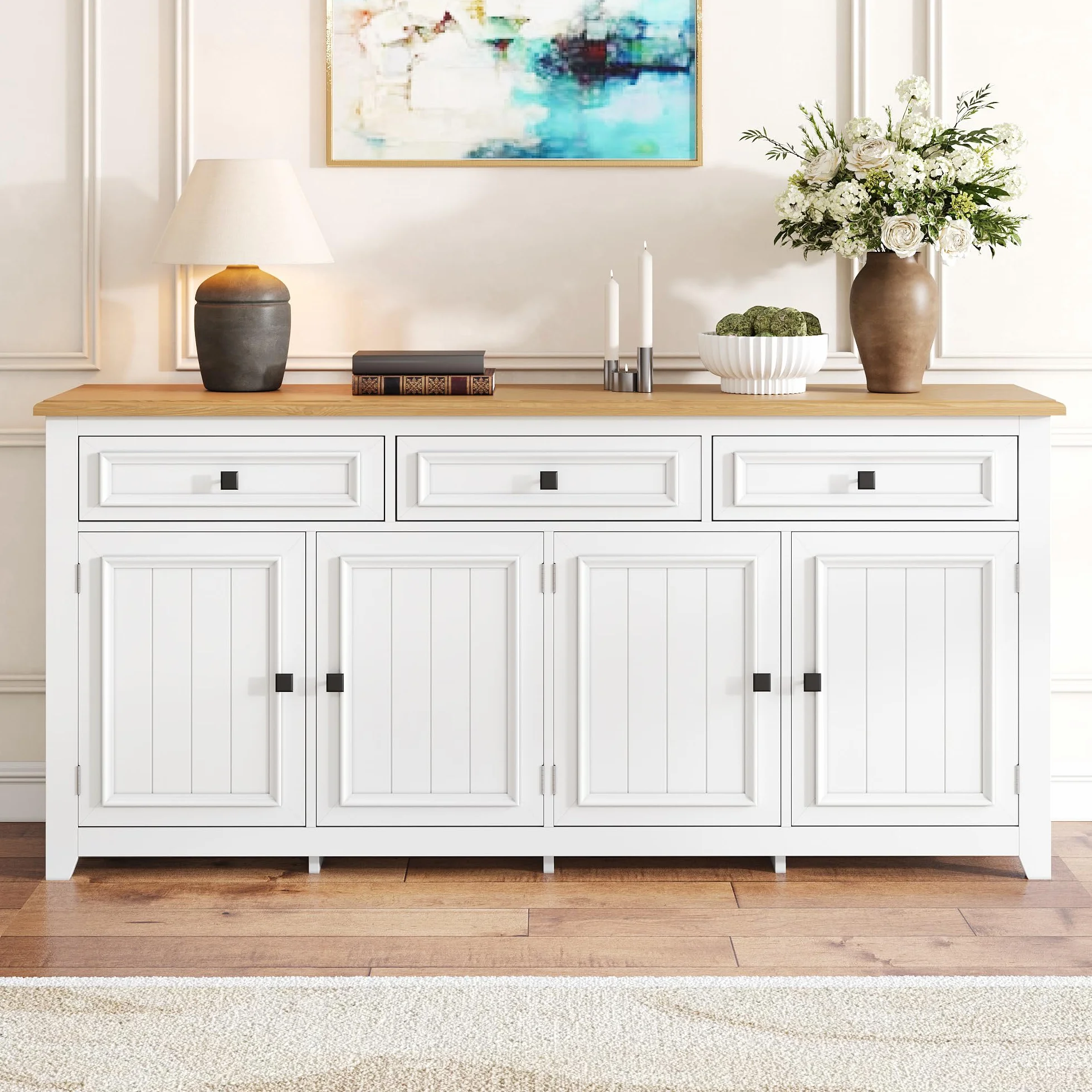 Aparador Cocina, Aparador para Salon con Separadores Ajustables, Buffet Comedor con 3 Cajones y 4 Puertas, Modern Mueble Auxiliar Cocina de Entrada para Dormitorio y Salón, 160x35x76cm (Blanco)