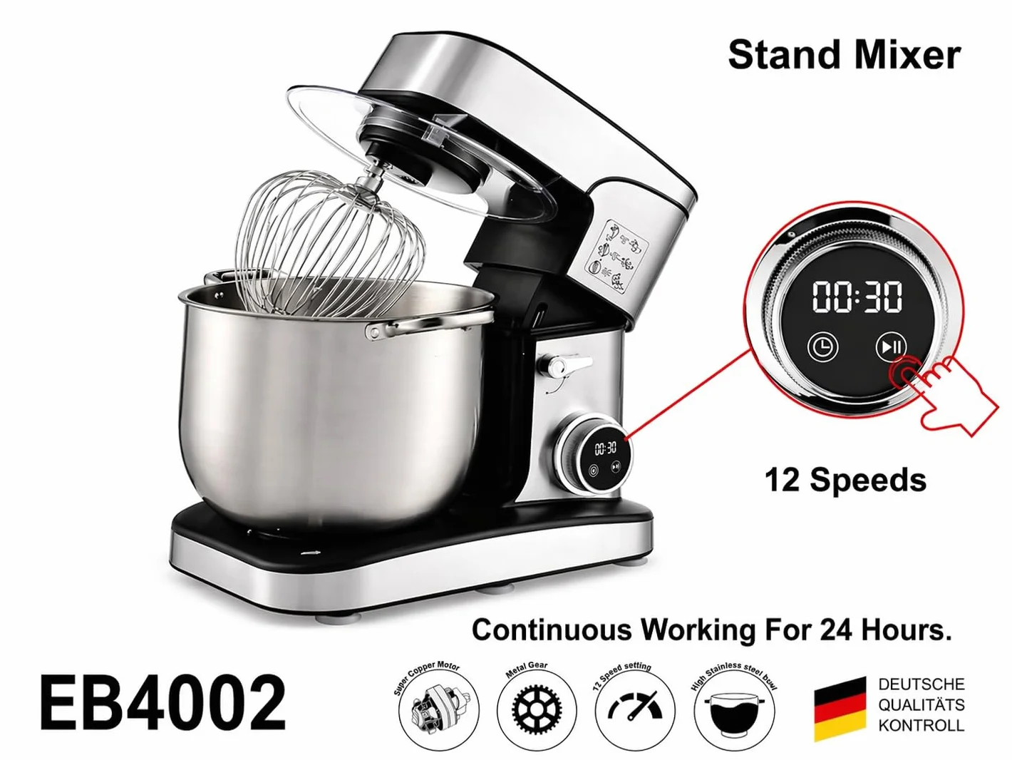 Batidora Amasadora Profesional 2800W, 16L, Robot de Cocina Multifunción con Bol de Acero Inoxidable, 6 Velocidades, Pantalla Digital, Accesorios para Amasar, Mezclar y Batir