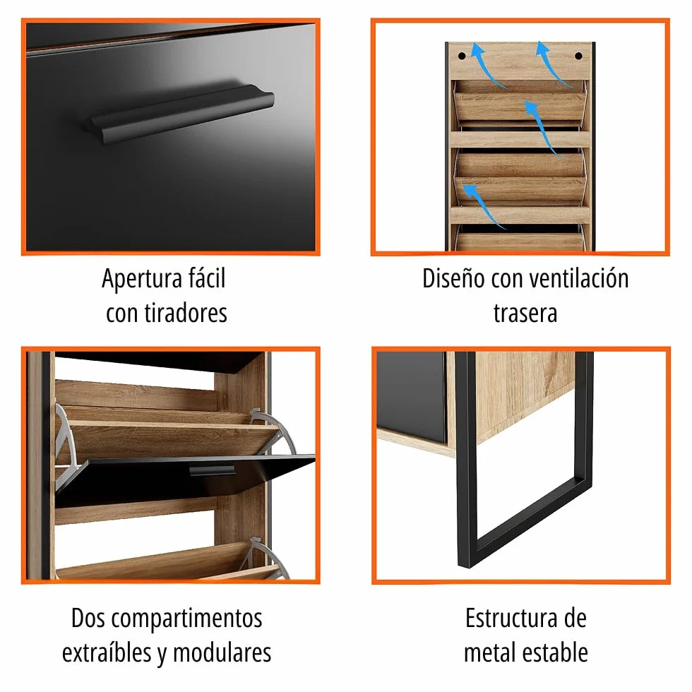 CASABEL, Mueble para Calzado Industrial (18 Pares), Armario para Zapatos, Almacenamiento de Entrada, Gran Capacidad, Ahorro de Espacio, Entrada Pasillo, Puertas Negras, Marco Madera Clara, Empresa