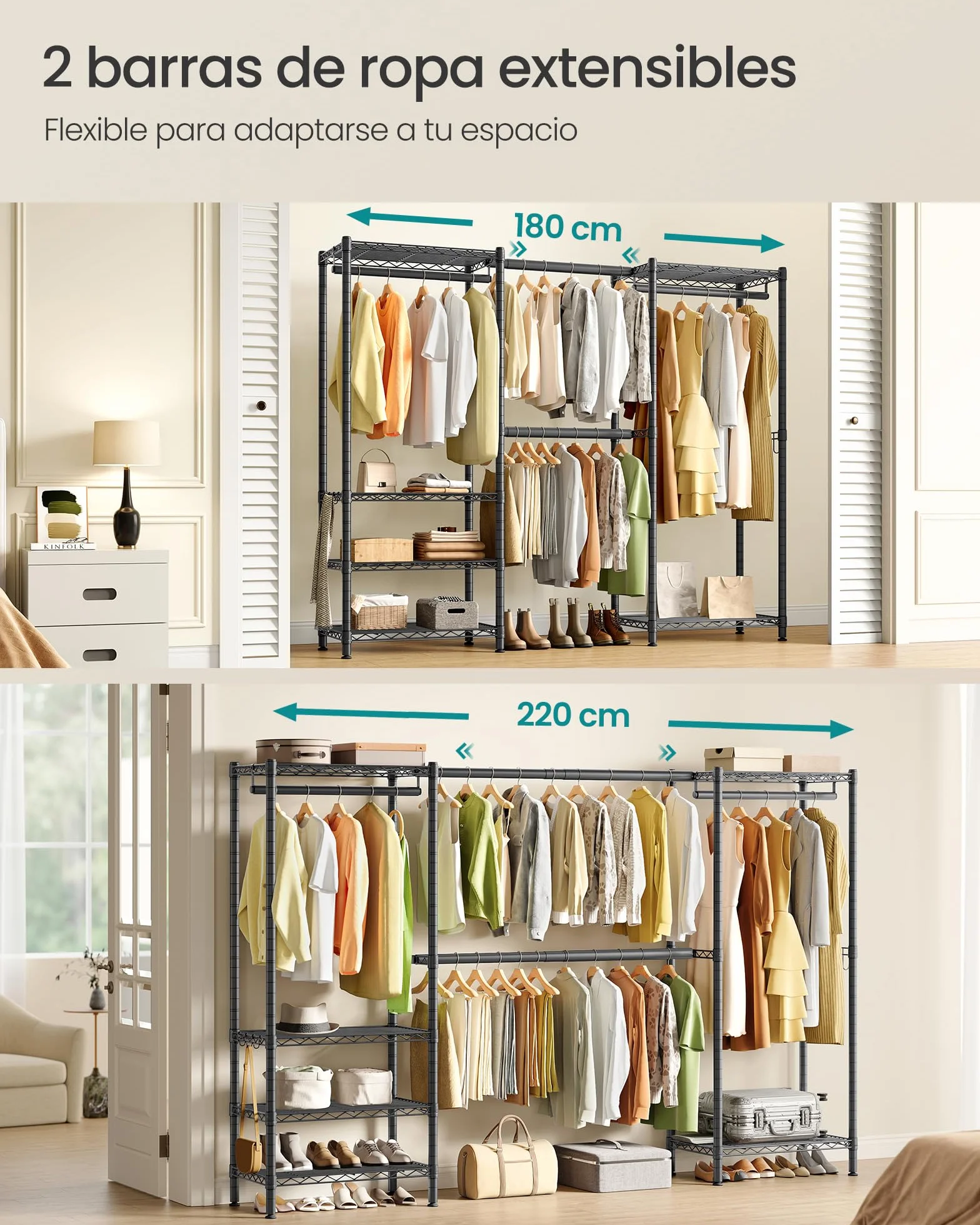 SONGMICS Burro para Ropa, Armario Portátil con Baldas de Rejilla Ajusables y Barras de Colgar Extensibles, Ganchos, 40 x (177-220) x 193 cm, Negro Tinta LGR438BH01