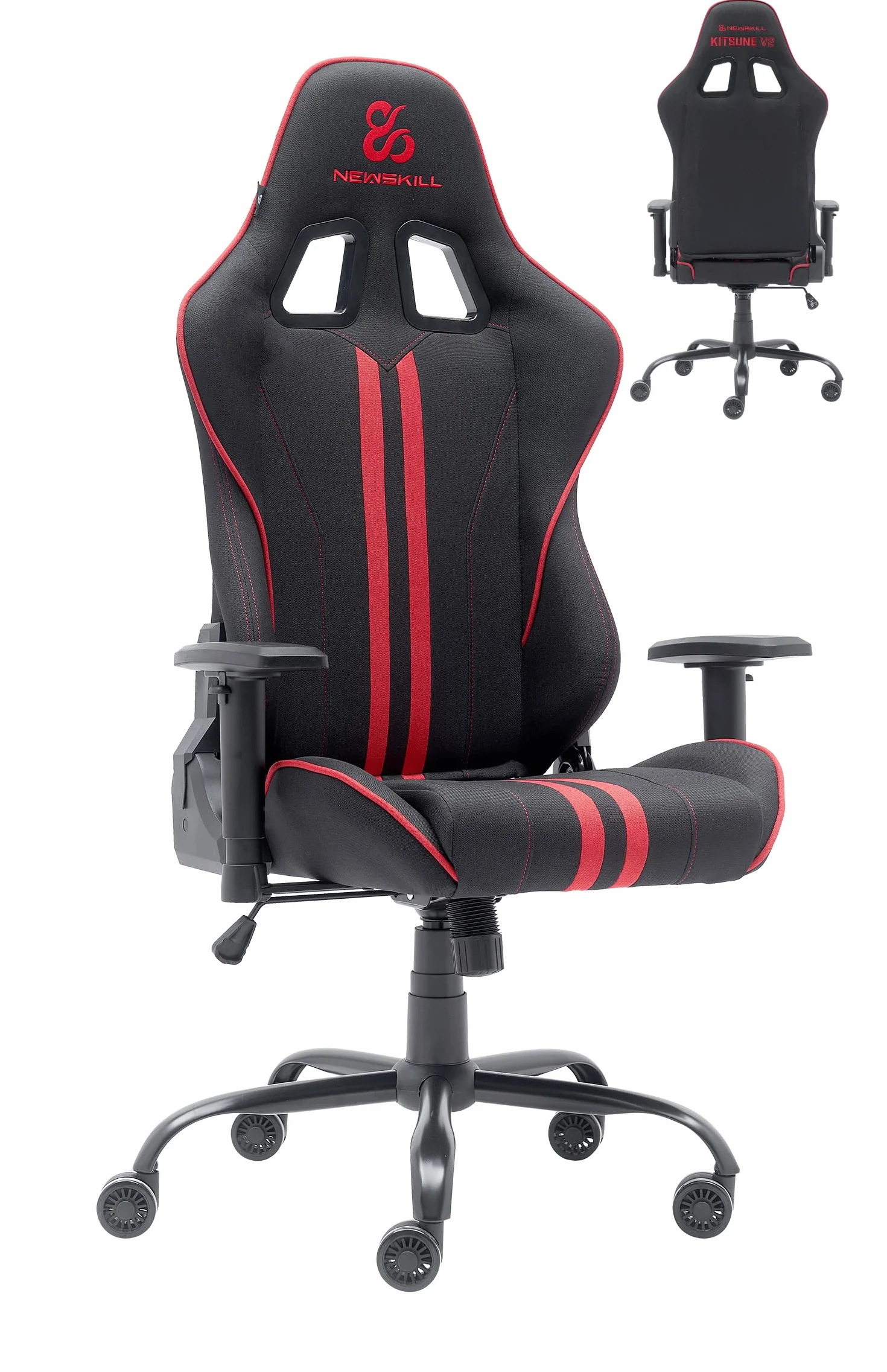 NEWSKILL KitsuneV2 Silla Gaming Ergonómica Respaldo Reclinable 180° Reposabrazos 2D Ajustables Cojines Lumbar Cervical Ruedas XL Silenciosas Tela Transpirable Rojo